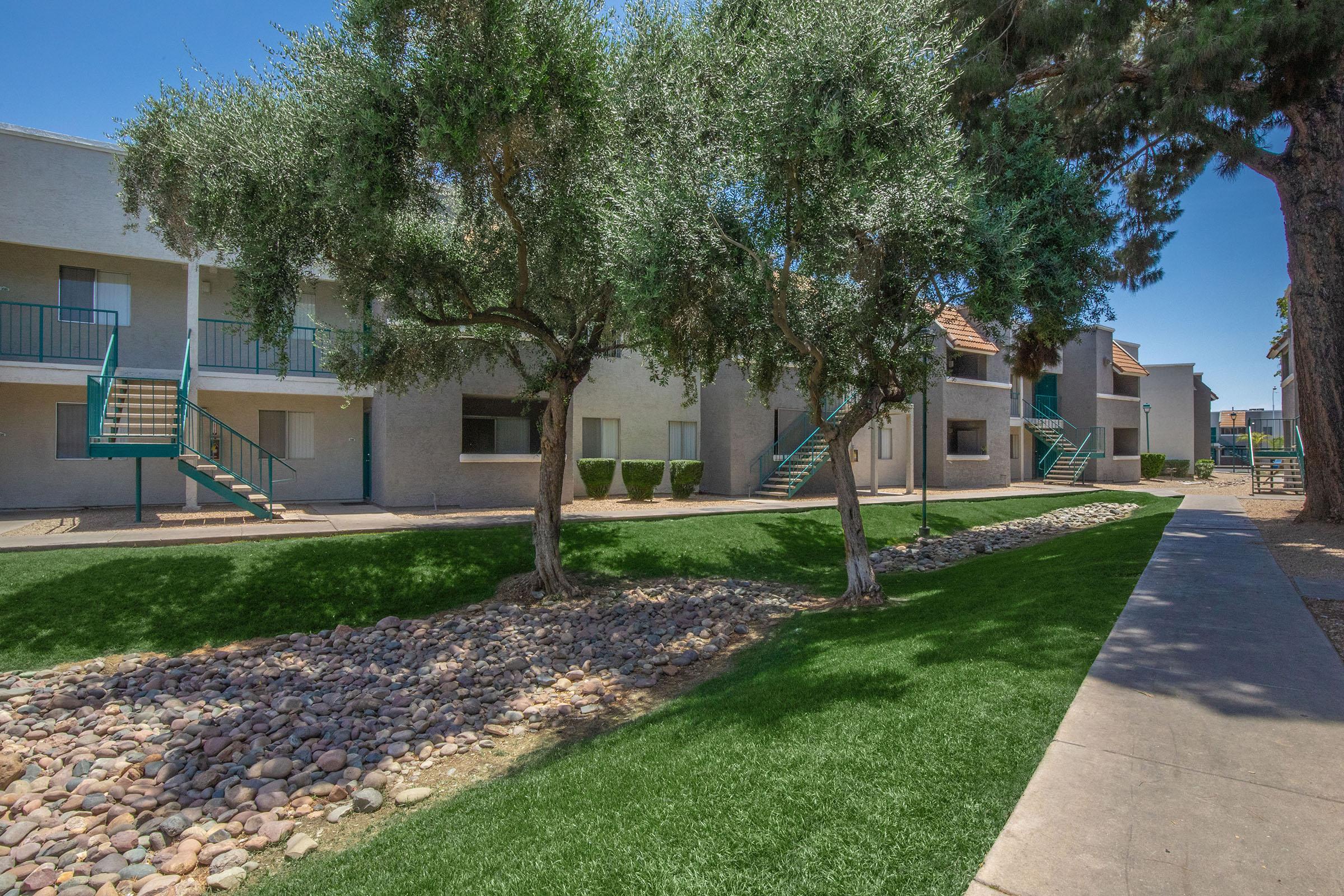 A well-maintained courtyard of a residential complex featuring green grass and a decorative rock pathway. Two olive trees are visible, along with two levels of apartments, each with balconies and blue staircases. The scene is bright and inviting, surrounded by shrubbery and a clear sky.