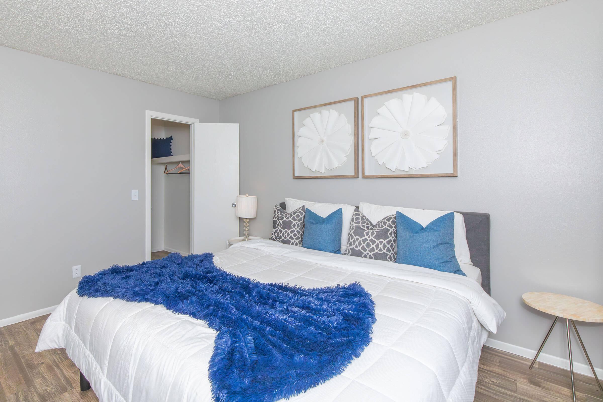 A modern bedroom featuring a neatly made bed with a white quilt and blue accent pillows. The walls are painted gray, and two large framed wall decorations are displayed above the bed. A nightstand with a lamp is beside the bed, and a closet door is partially visible in the background.