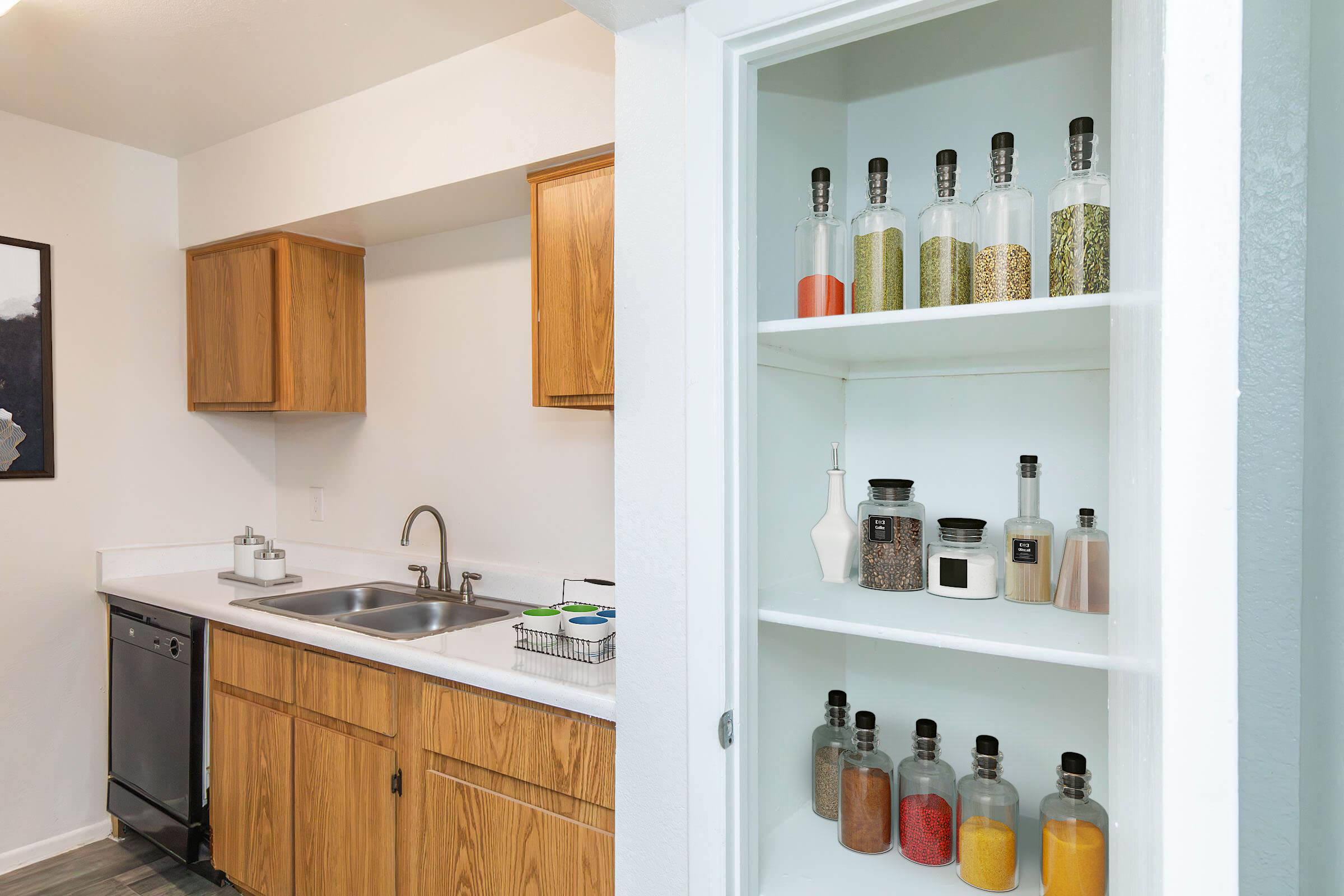 A clean kitchen with wooden cabinets, a stainless steel sink, and a dishwasher. A pantry or shelf is shown with various glass containers holding spices and ingredients, organized on white shelves. The overall aesthetic is modern and minimalist.