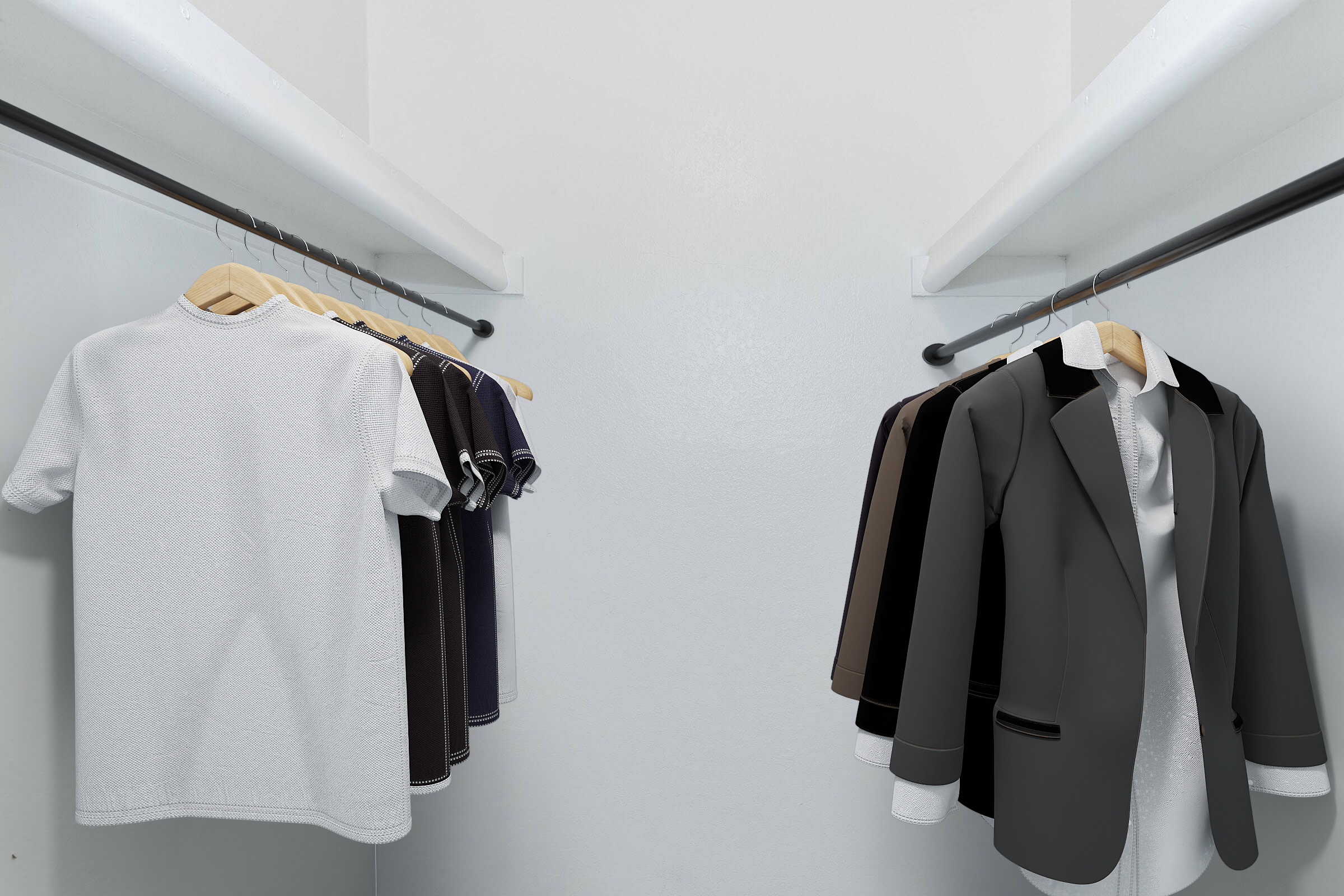 A neatly organized closet showcasing a variety of clothing. On the left, casual t-shirts in different colors hang on wooden hangers. On the right, a collection of formal jackets and blazers, neatly arranged, emphasize a stylish wardrobe. The background is a clean, minimalistic white.