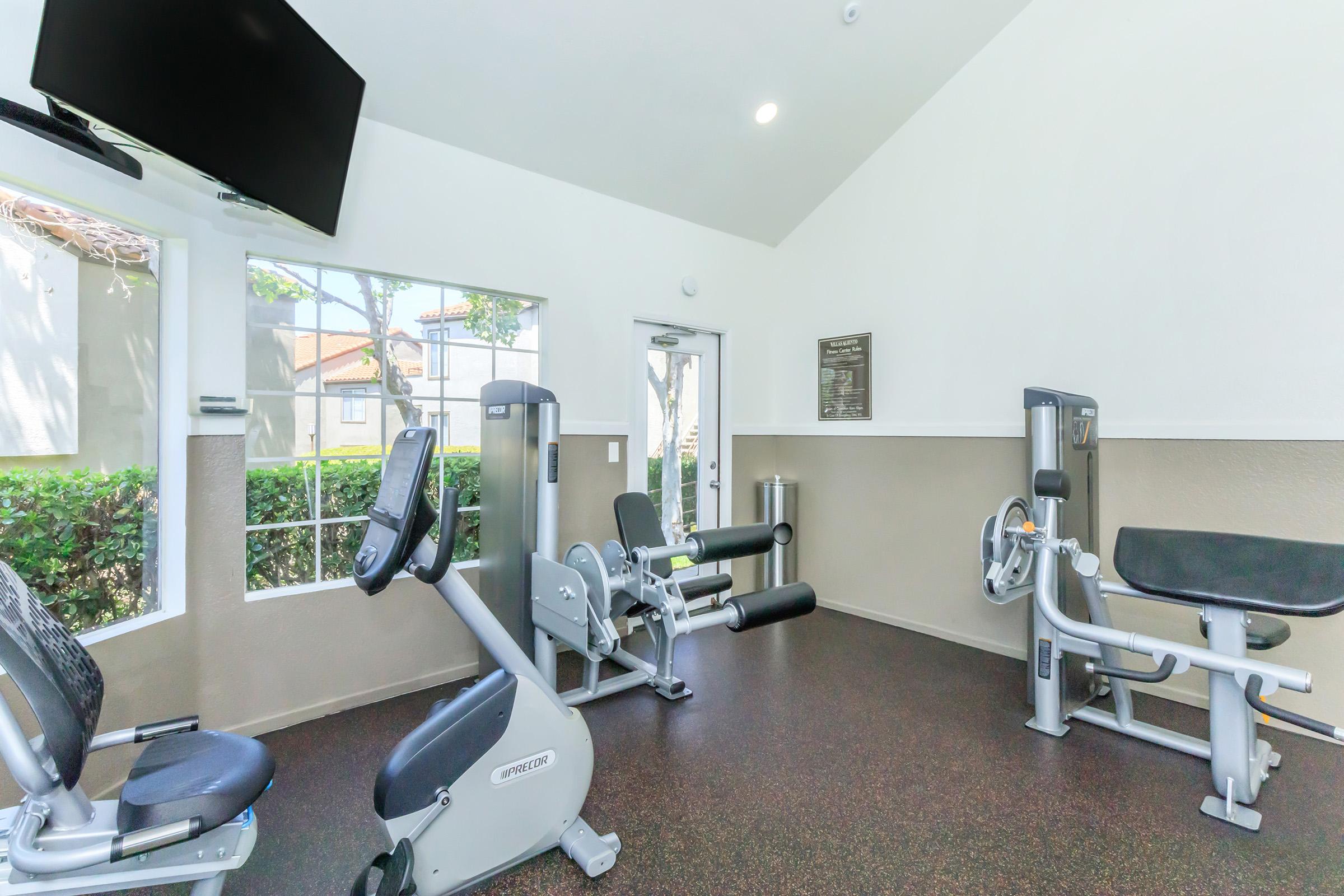 A modern gym interior featuring exercise equipment such as stationary bikes and weight machines, large windows letting in natural light, and a flat-screen TV mounted on the wall. The room has a clean and minimalist design with a view of greenery outside.