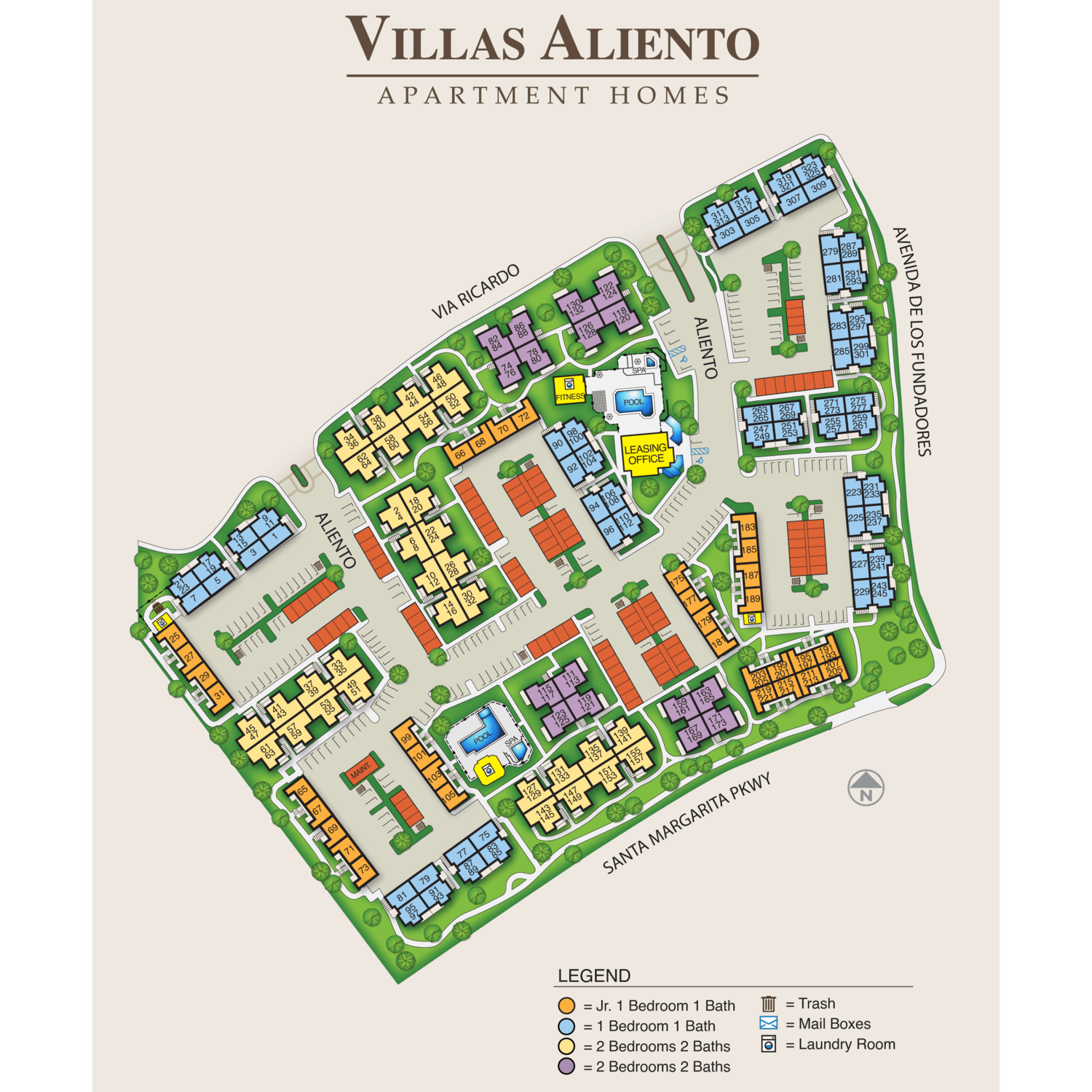Located between Av. de las Flores and Santa Margarita Pkwy, this community features a clubhouse, pools, and fitness center.