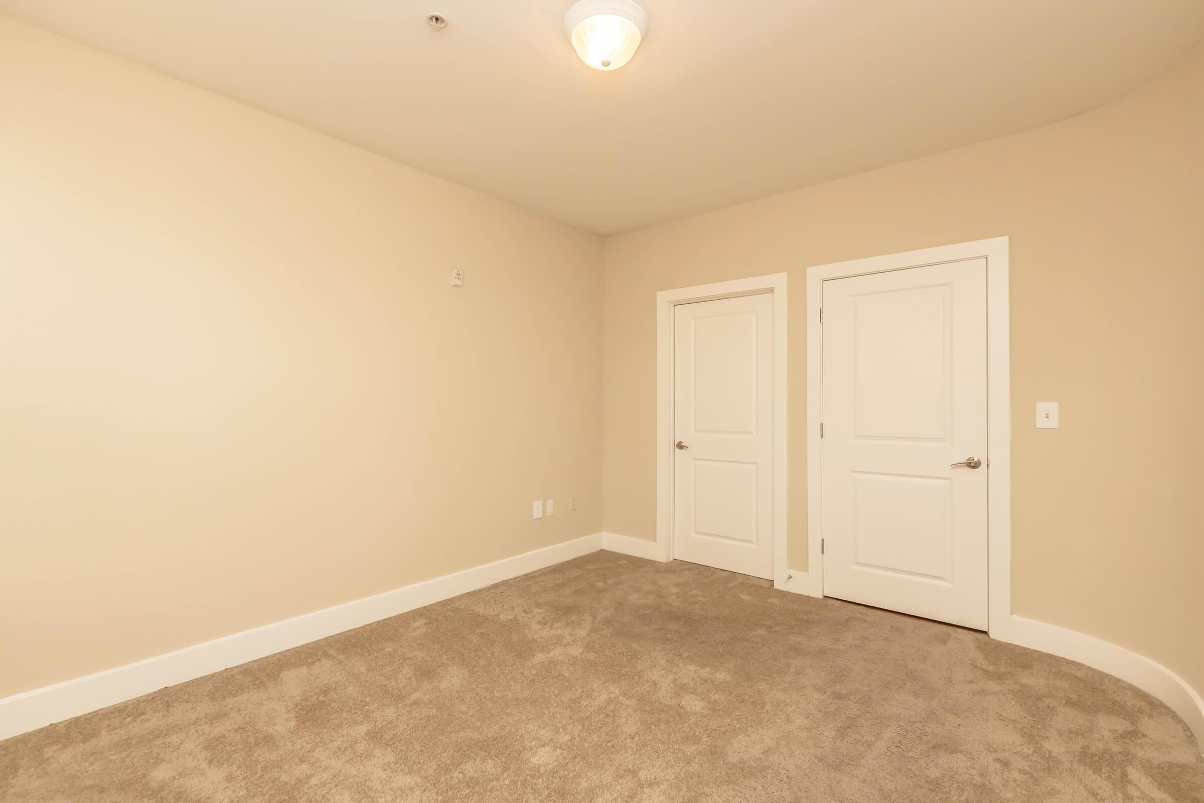 Empty room with light beige walls and a plush carpeted floor. Two white doors are visible on the right side, leading to different spaces. A ceiling light fixture provides illumination. The overall atmosphere is clean and minimalistic.