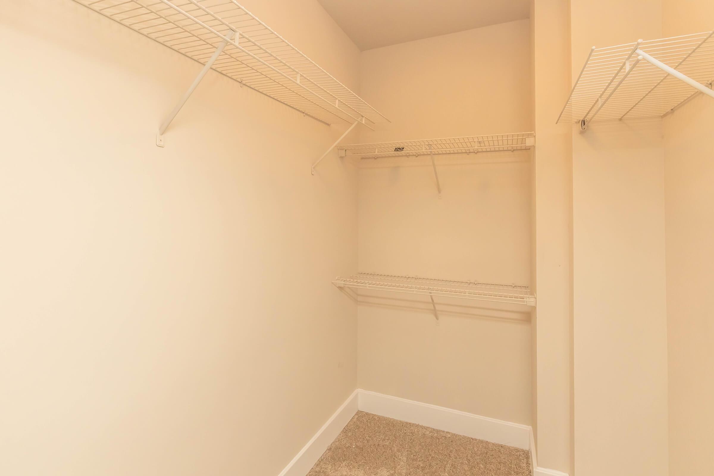 A spacious, empty closet with light beige walls and a carpeted floor. It features white wire shelving on two sides, providing storage options. The closet is well-lit, emphasizing its emptiness and potential for organization.