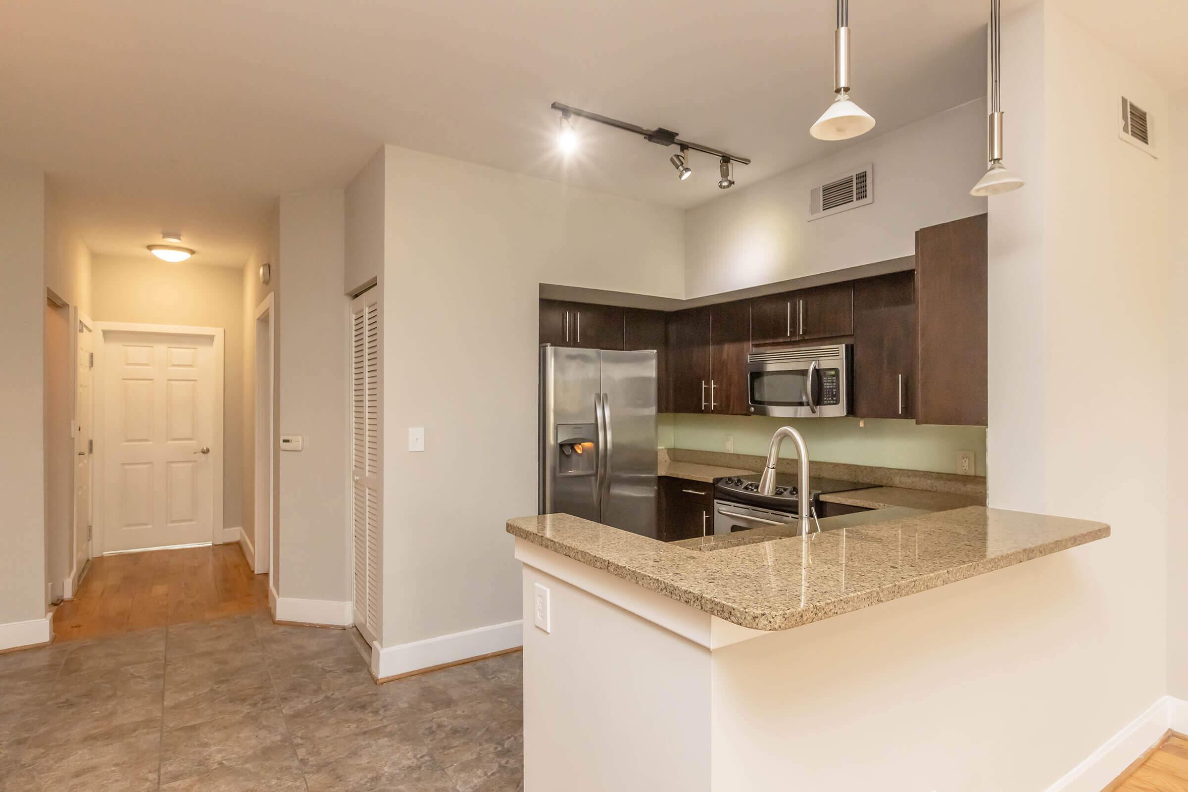 Modern kitchen area with dark wood cabinets, stainless steel appliances, and a granite countertop. The kitchen features pendant lighting and an open layout leading to a hallway with doors. Light-colored walls and tiled flooring create a bright and spacious atmosphere.