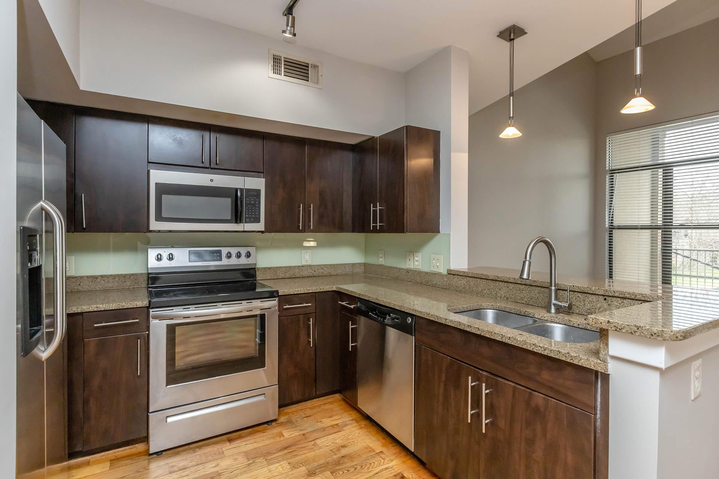 Modern kitchen featuring dark wood cabinetry, stainless steel appliances including a microwave, oven, and dishwasher, a granite countertop, and dual sinks. The area is well-lit with pendant lighting and has large windows allowing natural light to enter.