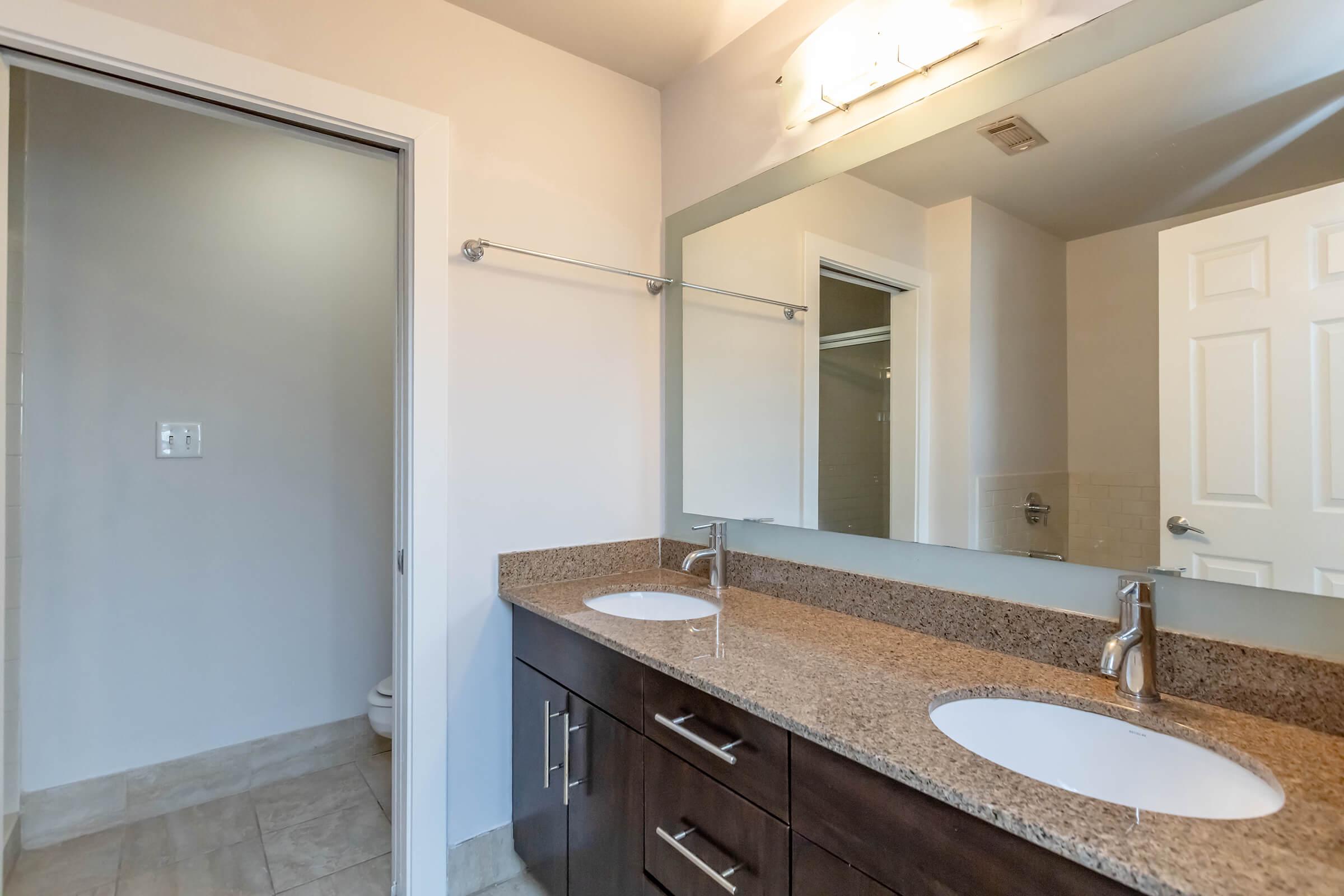 A modern bathroom featuring a double vanity with two sinks and a large mirror. The countertop is brown granite, and there are dark cabinetry and light-colored walls. A doorway leads to a toilet area, and bright light fixtures are mounted above the mirror. The floor is tiled in a neutral shade.