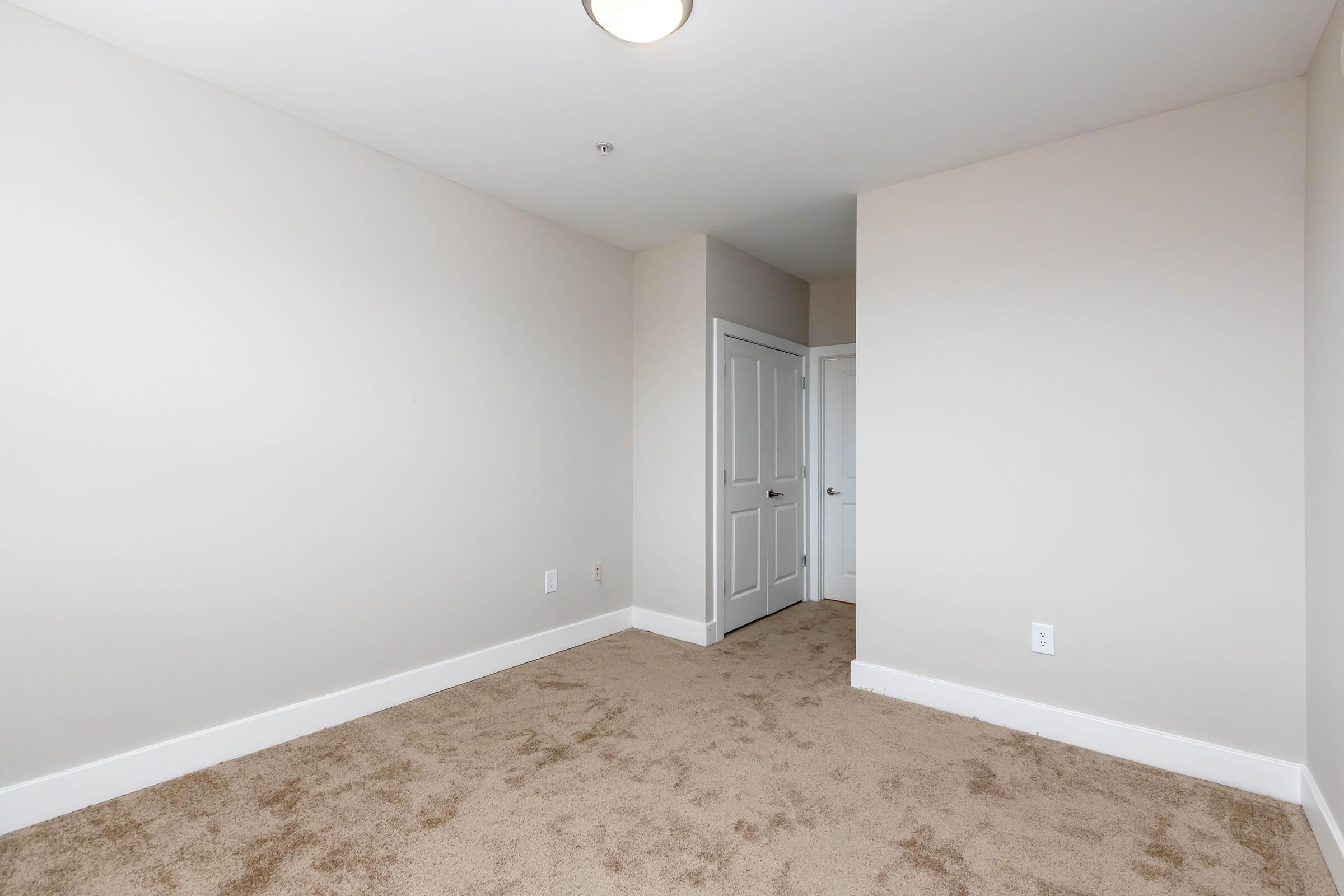 Empty room with light beige carpet and plain beige walls. A ceiling light fixture is visible. There are two closed white doors on the right side, leading to other spaces. The room is spacious and well-lit, creating a neutral and inviting atmosphere.