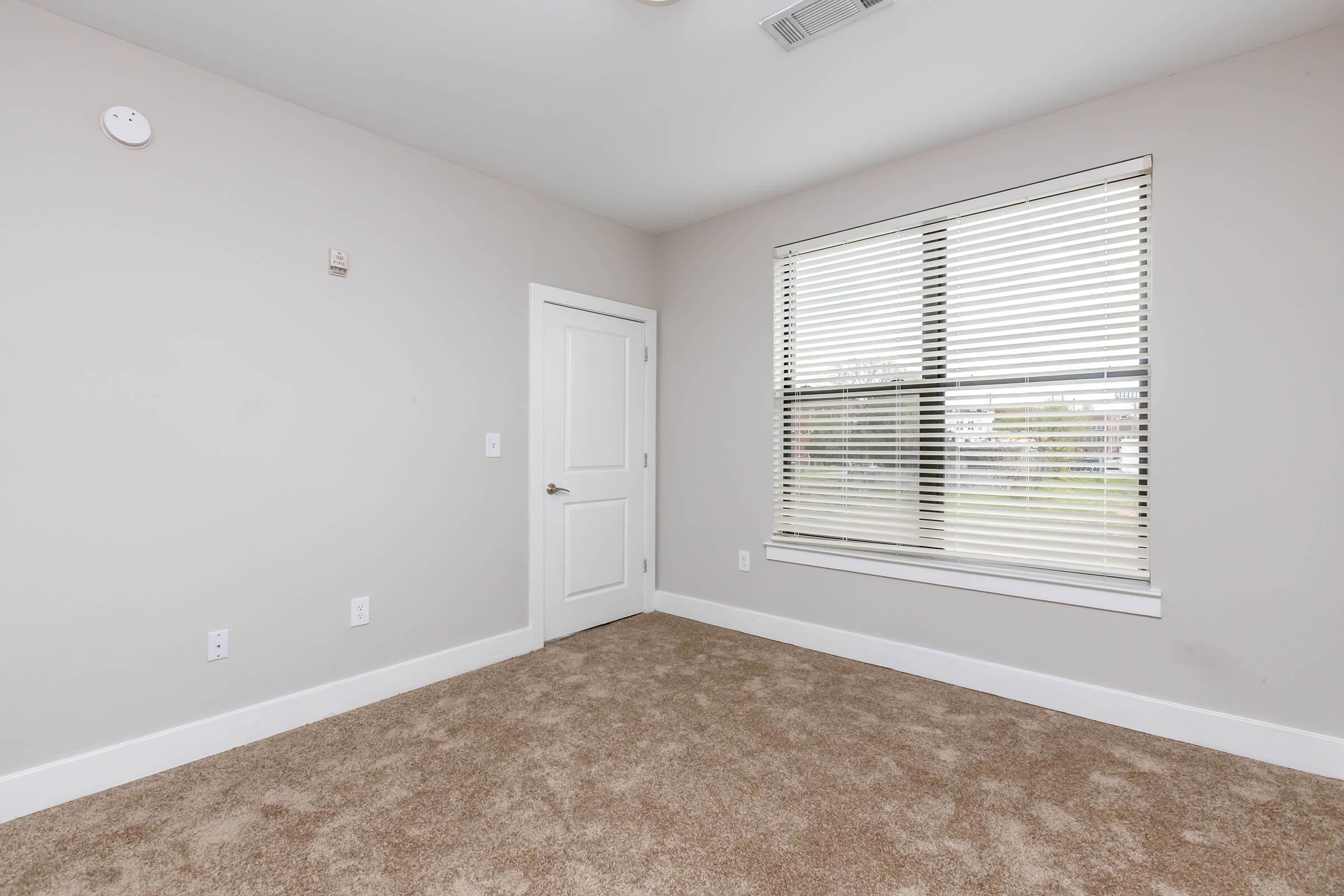 A vacant room featuring light beige carpet, neutral gray walls, and a large window with white blinds. There's a closet door on the right and a small wall-mounted device or sensor near the ceiling. The overall space appears bright and minimalist, with plenty of natural light streaming in from the window.