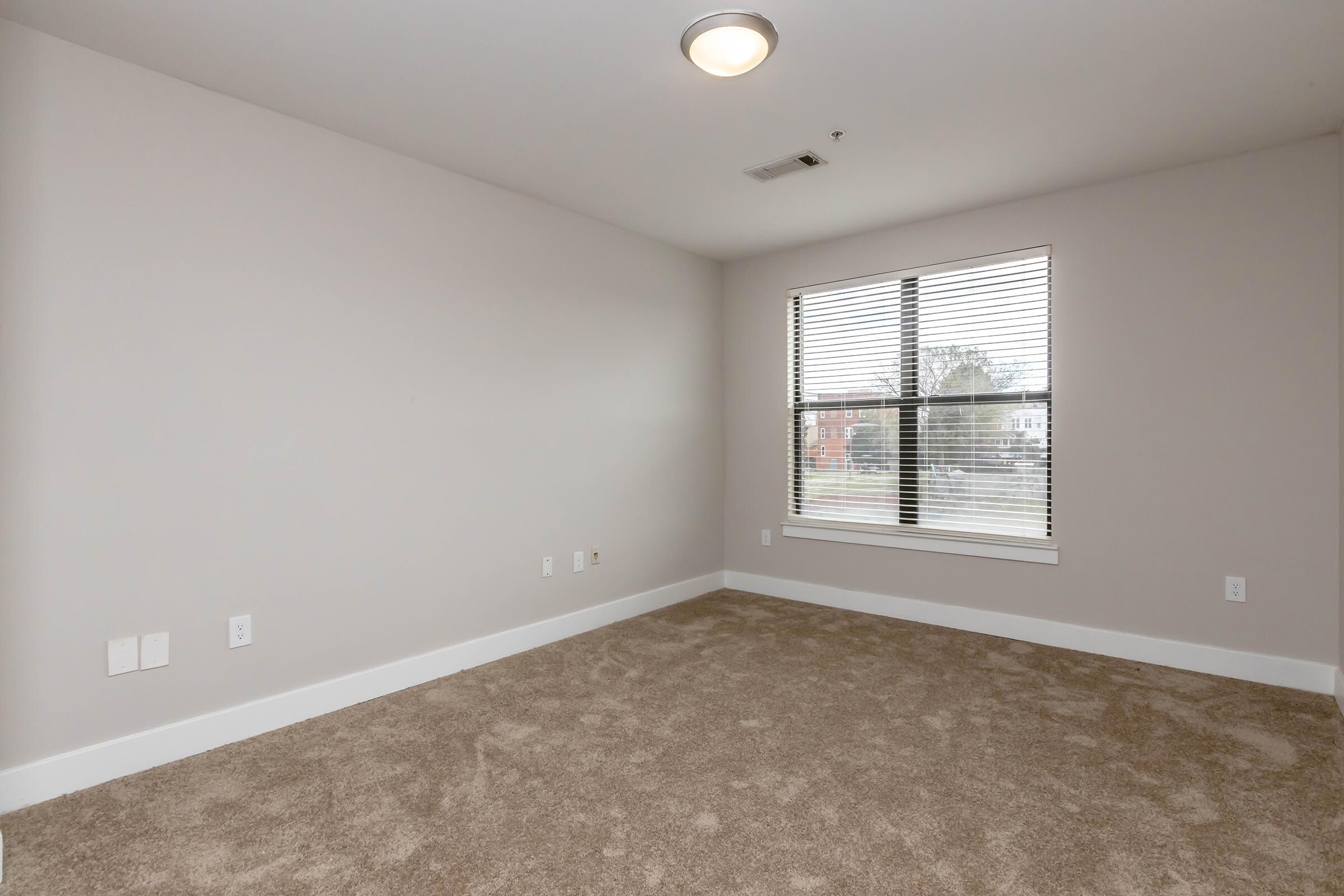 A vacant room with beige walls and carpet, featuring a large window with blinds that lets in natural light. There are minimal electrical outlets on the walls and no furniture, creating a spacious and open feel.