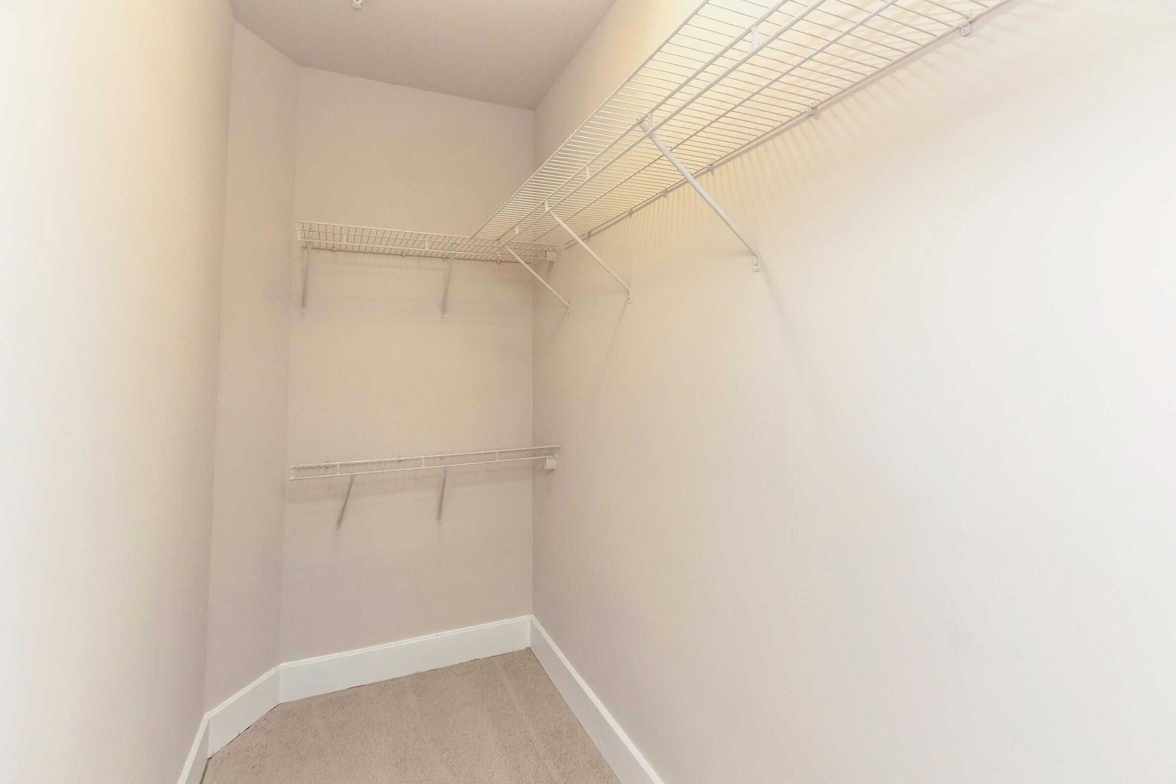 Empty closet with light beige walls and a carpeted floor. Shelving consists of two metal wire racks mounted on the walls, providing space for storage. The closet's interior is well-lit, emphasizing the spaciousness and minimalistic design.