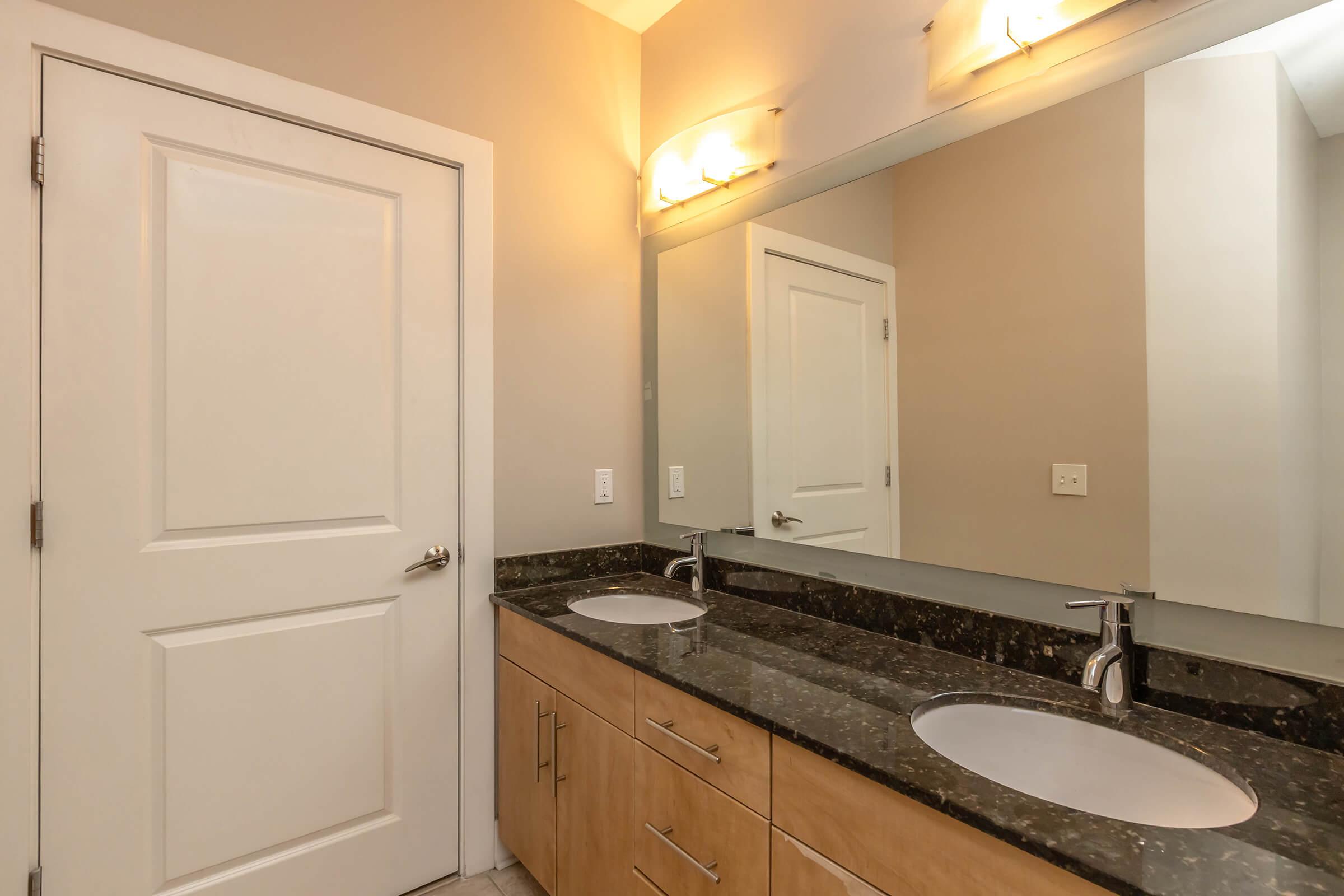 A modern bathroom featuring a double vanity with round sinks, a dark granite countertop, and light-colored cabinetry. There is a large mirror above the sinks, and a door leads to another room. The lighting is bright, creating a spacious atmosphere. The walls are a neutral light color.