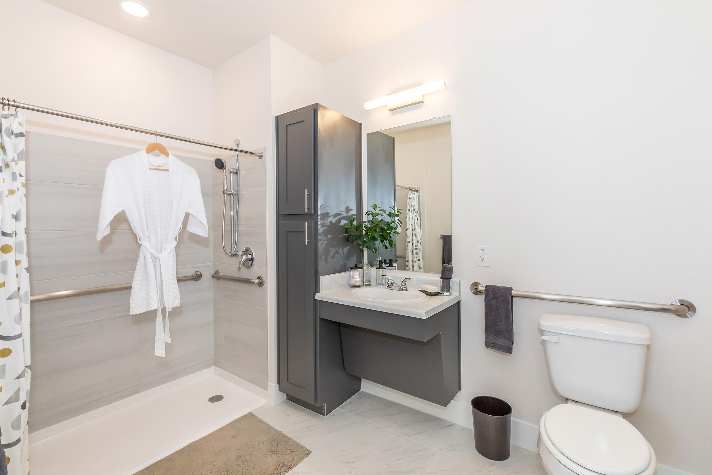 A modern bathroom featuring a walk-in shower with a white curtain, a gray vanity with a mirror, a potted plant, and a toilet. A plush white bathrobe hangs on the shower rod, and there's a gray towel on the vanity. The walls are light-colored, creating a clean and spacious ambiance.