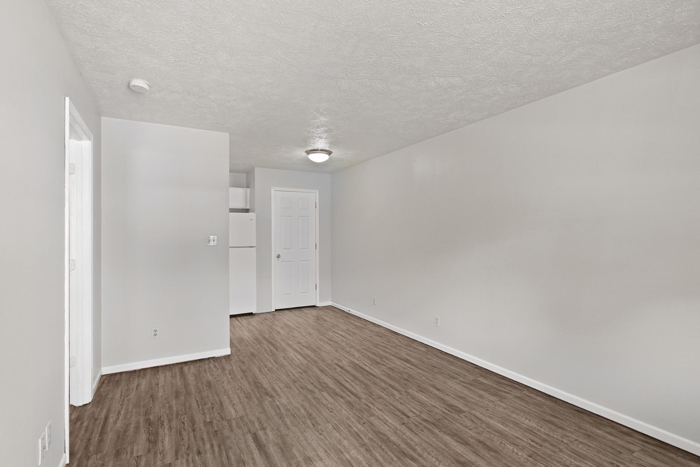 A spacious, empty room with light-colored walls and a wooden floor. There's a doorway on the left leading to another space and a white door straight ahead. A ceiling light fixture illuminates the area, which appears clean and ready for furnishings. A refrigerator is partially visible in the corner.