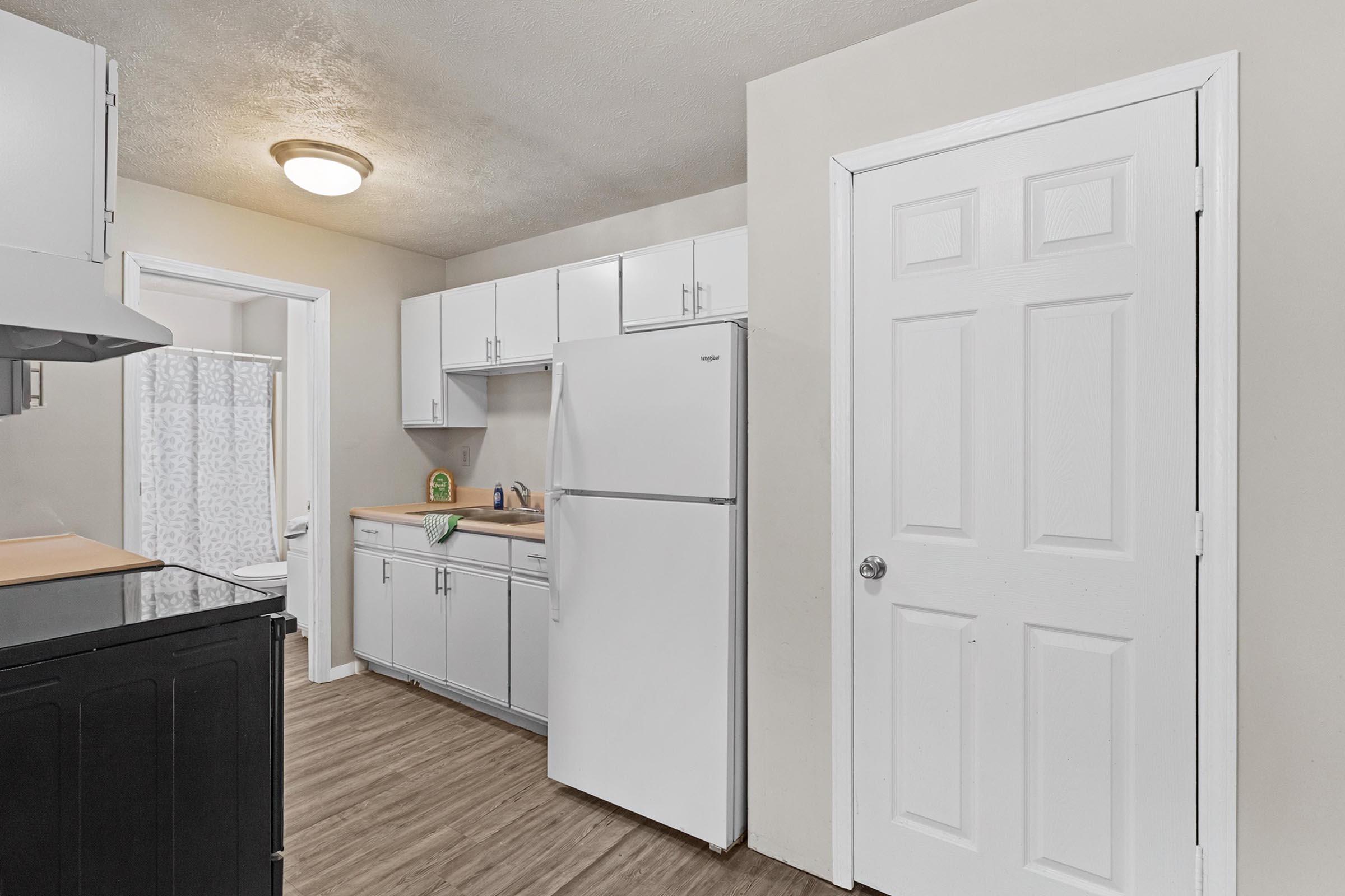 A modern kitchen with white cabinetry, a refrigerator, and a countertop. The space includes a stove and a door leading to another room. There is a small sink with a faucet and a dish soap bottle on the counter. The walls are light-colored, and the flooring appears to be a wood-like laminate.