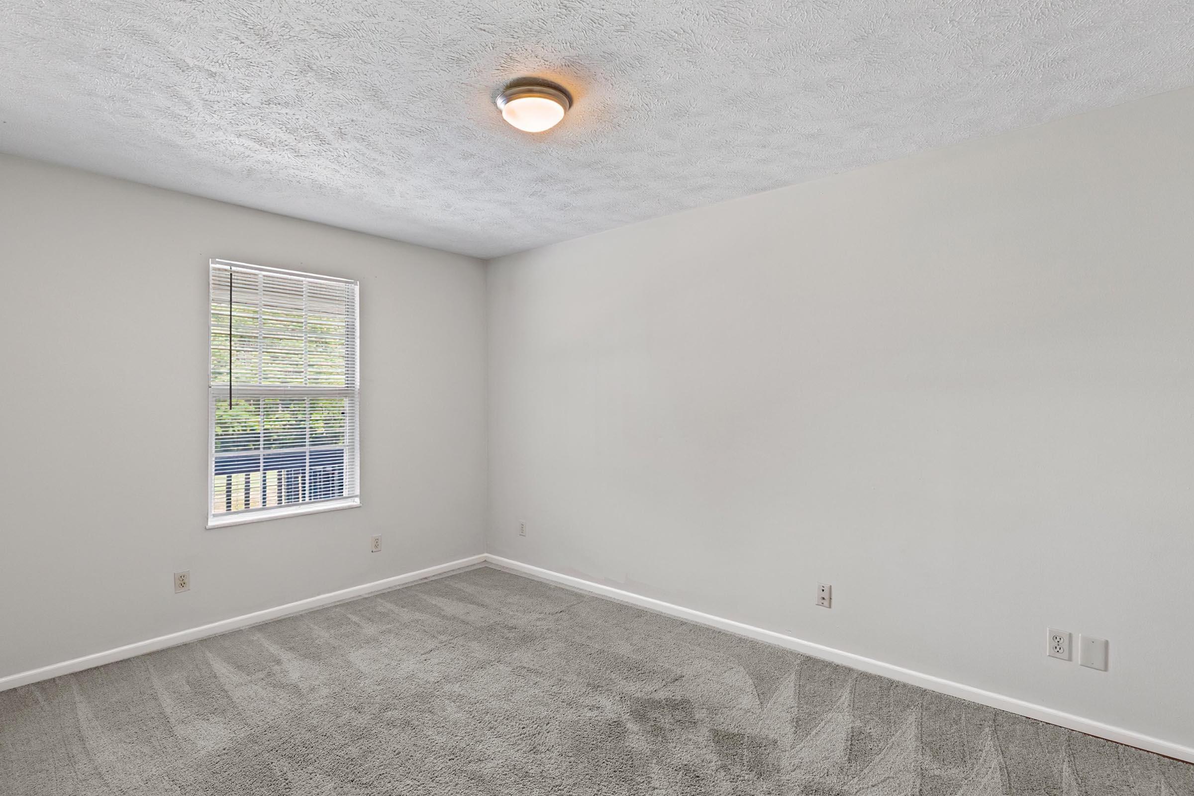 A well-lit, empty room with light gray walls and a textured ceiling. There is a ceiling light fixture and a window with white blinds that lets in natural light, illuminating the carpeted floor. The space appears clean and ready for furniture or decorations.