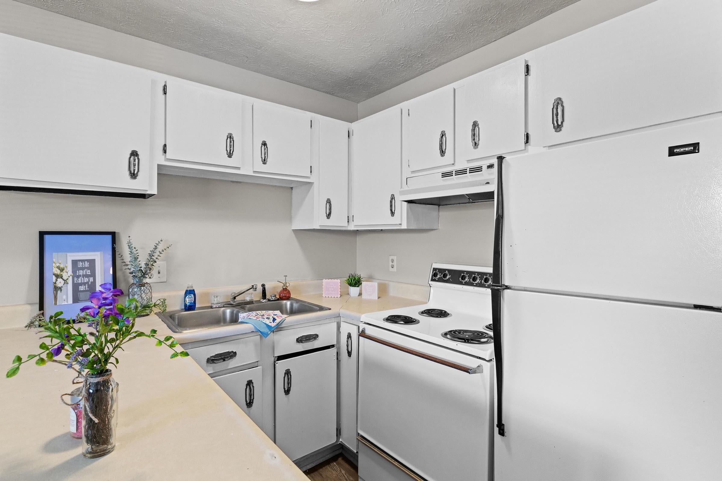 A modern kitchen featuring white cabinets, a double sink, and a white stove. There is a framed picture on the countertop, a small plant, and a mason jar with purple flowers. The appliances are compact and the overall atmosphere is bright and clean.