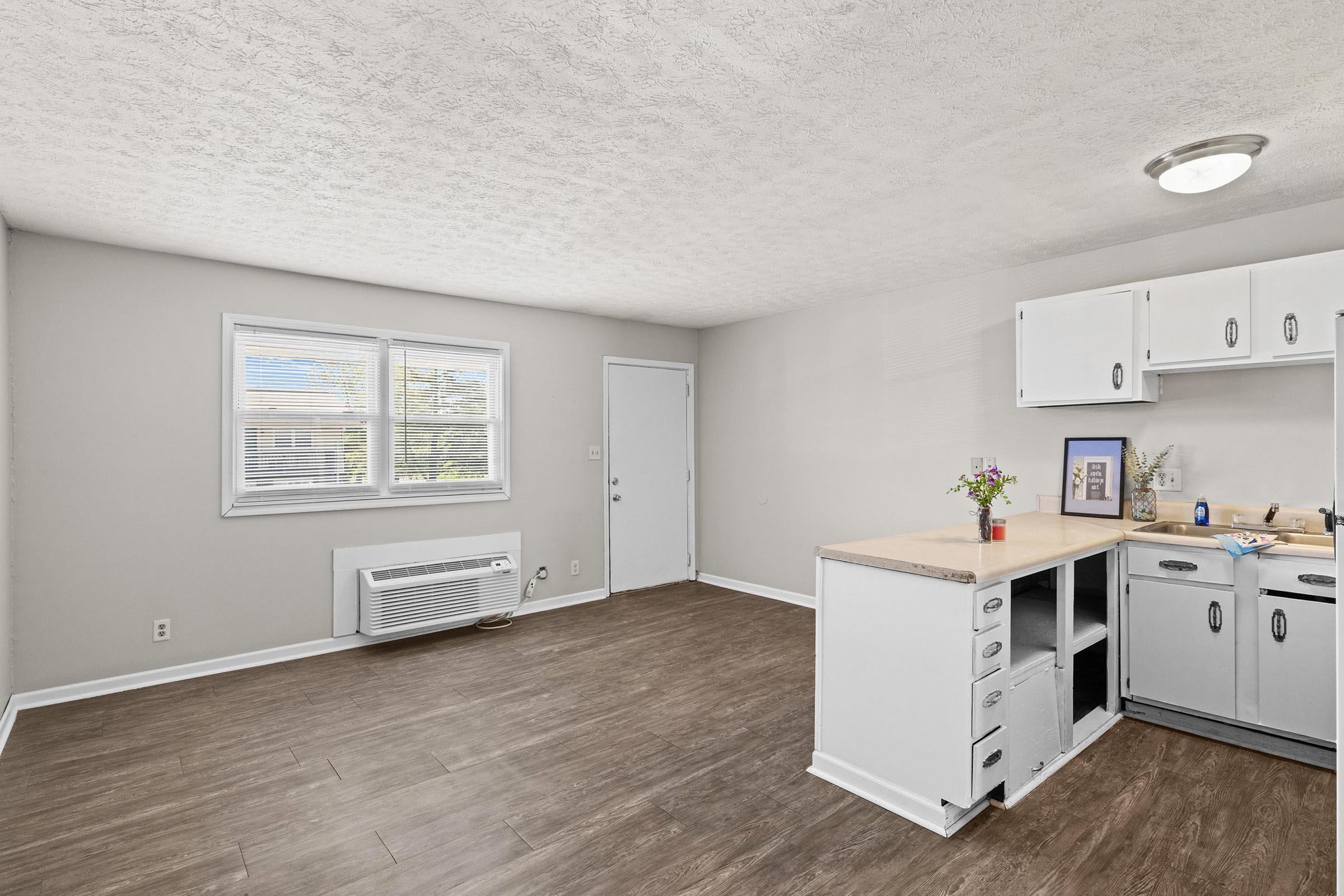 A bright and spacious interior of a studio apartment featuring a wooden floor, a window with blinds, a kitchenette with cabinets, a small countertop, and a wall-mounted air conditioning unit. The walls are painted in a light color, creating an airy atmosphere, and a door leads to the outside.