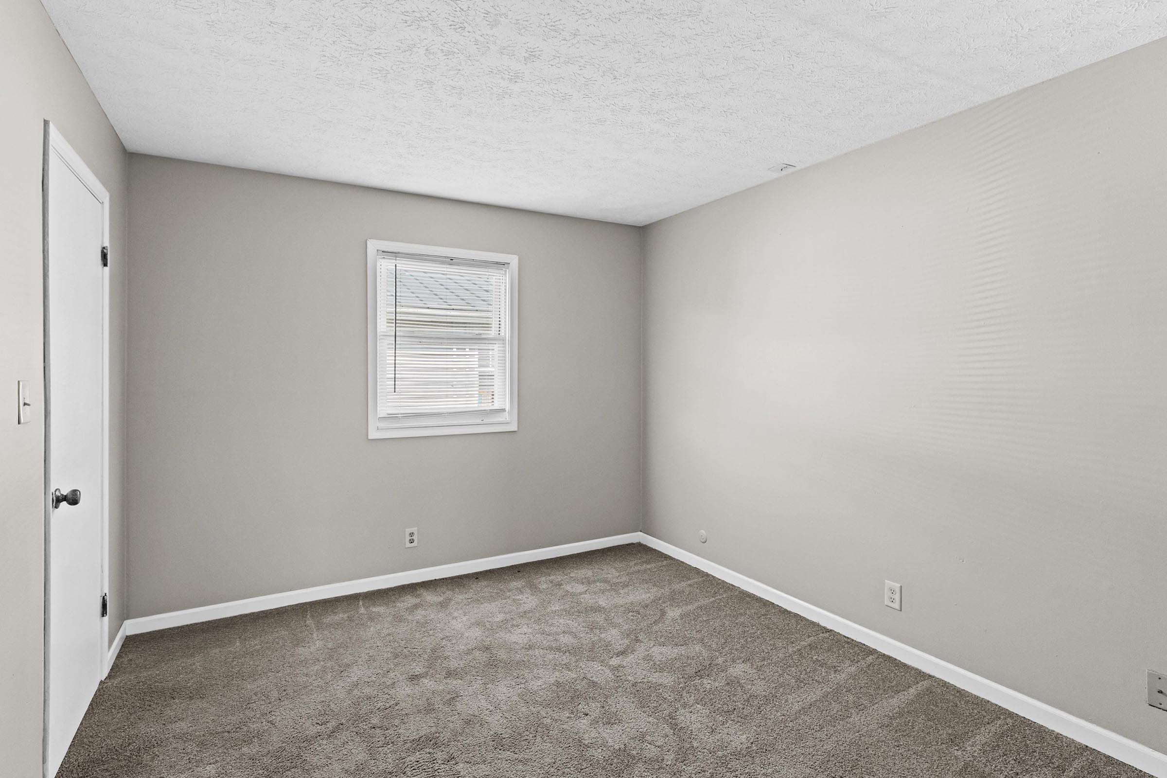 Empty room with light gray walls, a window with blinds, and beige carpet. There is a closed white door on the left side and no furniture or decorations present, creating a minimalistic and spacious feel. Natural light enters through the window, brightening the space.