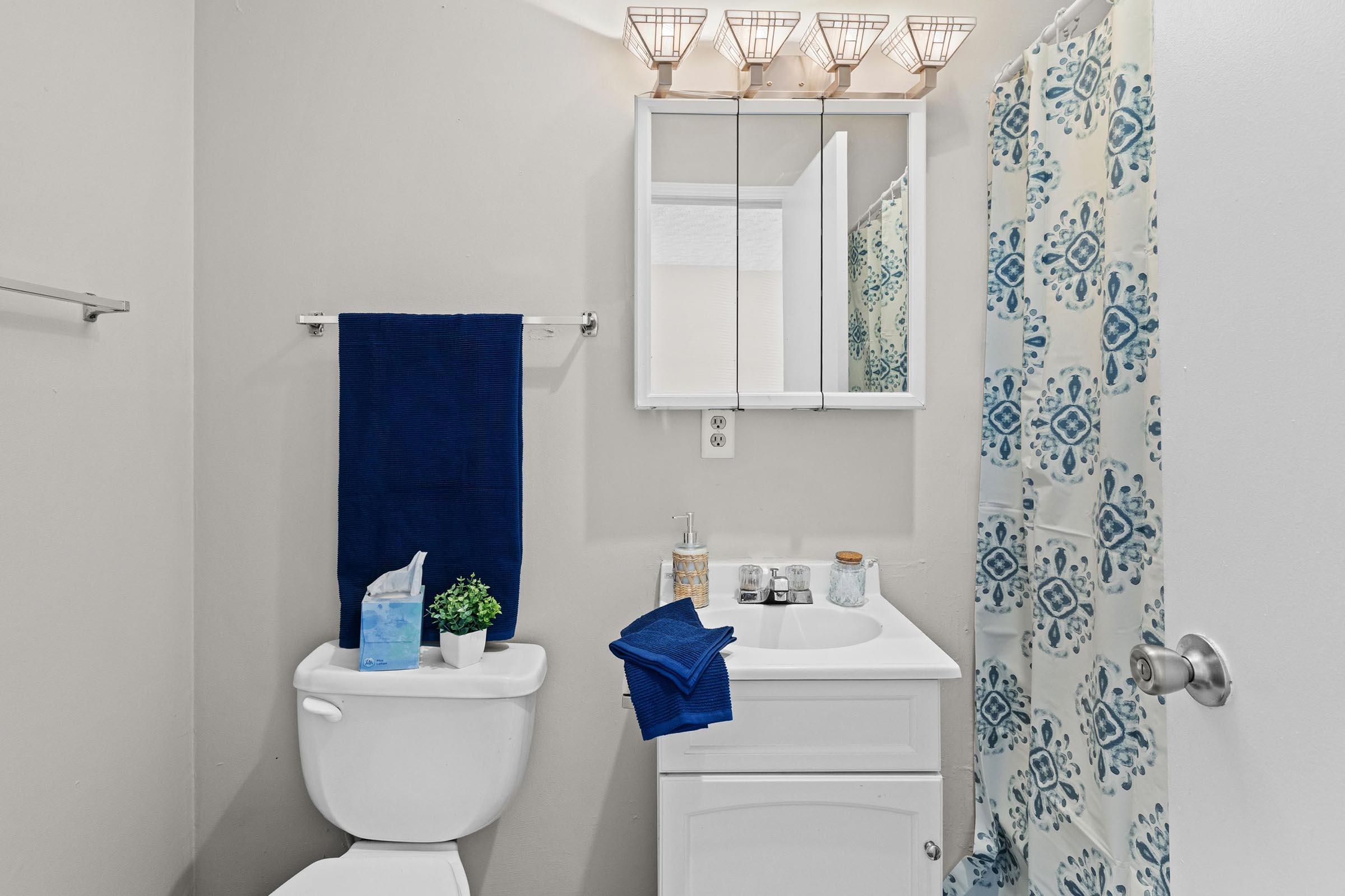 A bathroom featuring a white toilet, a small white vanity with a sink, and a mirror above. A blue towel and a decorative plant are placed on the vanity. A blue and white patterned shower curtain hangs beside the bathtub, and there are four light fixtures above the mirror. The walls are painted a neutral color.