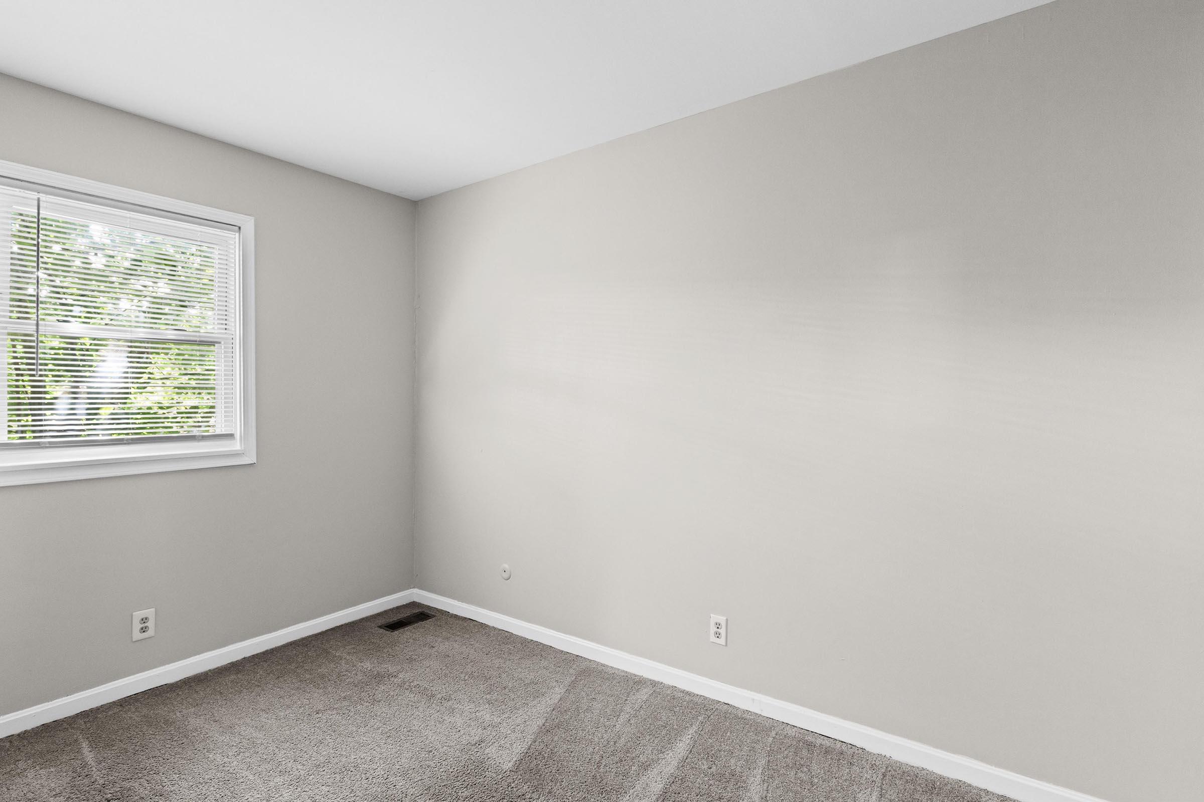 An empty room with light gray walls and a window covered by white blinds. The floor is carpeted in light brown, and there are no furnishings or decor visible. The atmosphere is bright and airy, with natural light coming through the window.