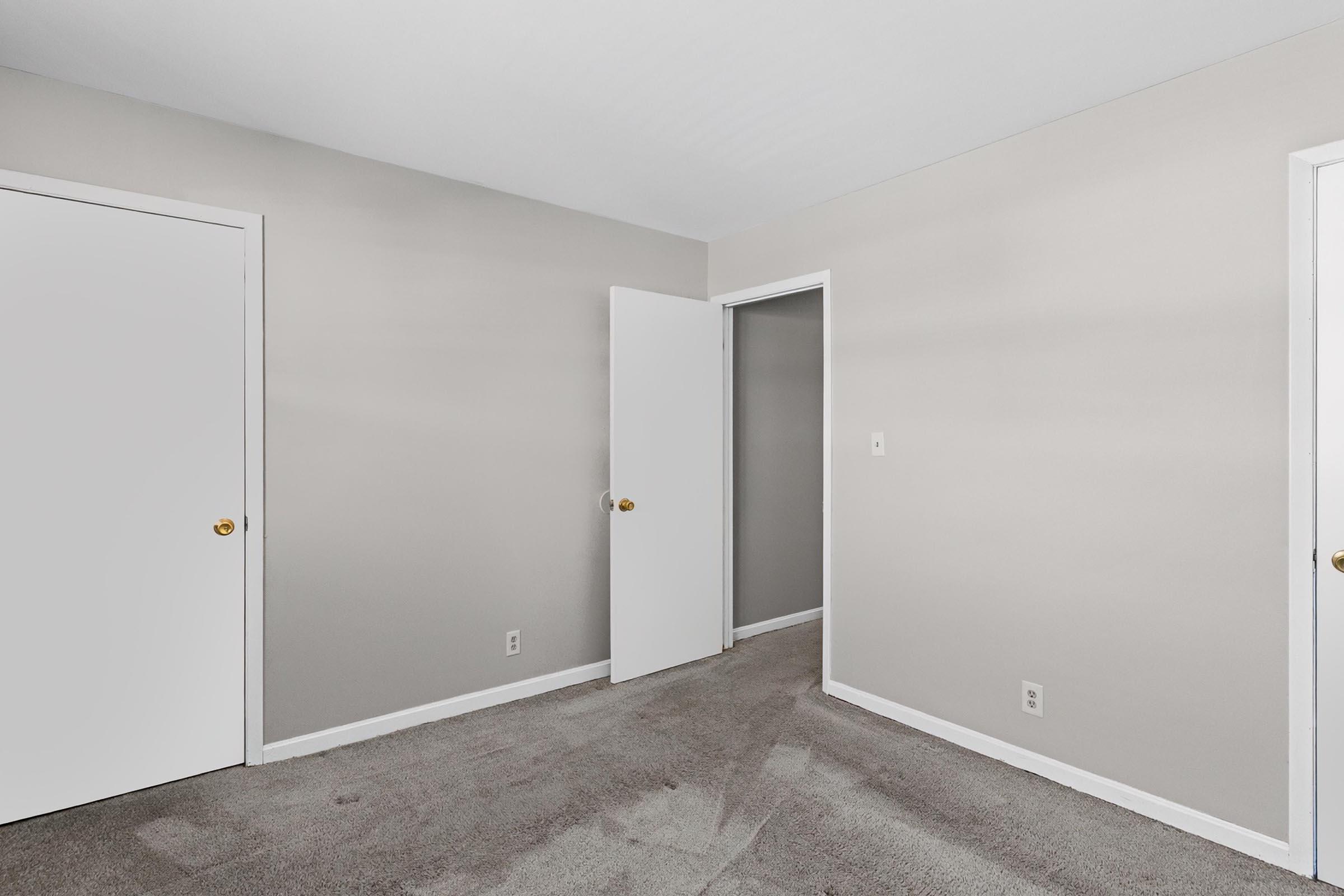 Interior view of a neutral-colored bedroom featuring light gray walls and carpet. It includes two closed doors, one leading to a closet and another to a hall or adjacent room. The space is bright and uncluttered, giving a clean, modern appearance.