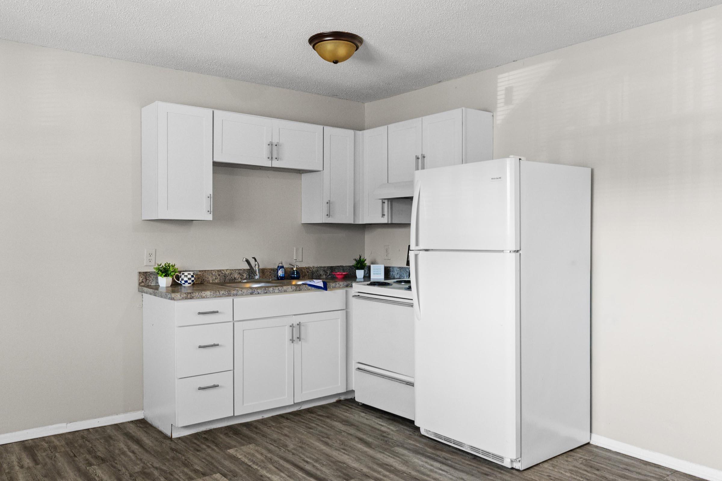A small, modern kitchen featuring white cabinets, a white refrigerator, an oven, and a sink. The countertop is light-colored granite, and there are a few decorative items like plants on the counter. The floors are wooden, and natural light comes in through a window.