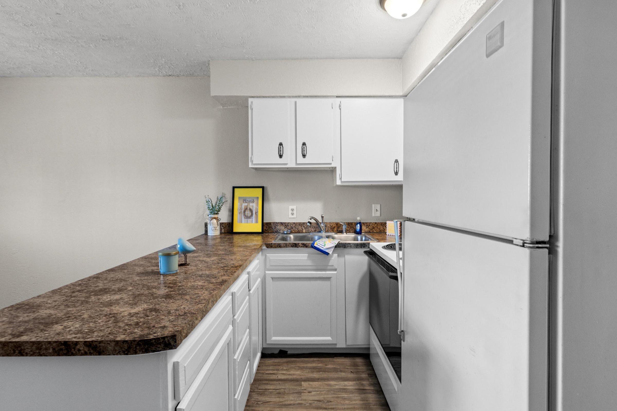 A small, modern kitchen featuring white cabinets, a dark granite countertop, and stainless steel appliances. A blue cup and a few kitchen items are placed on the counter, while a framed picture is displayed on the wall. The space is well-lit with natural light and has a warm, inviting atmosphere.