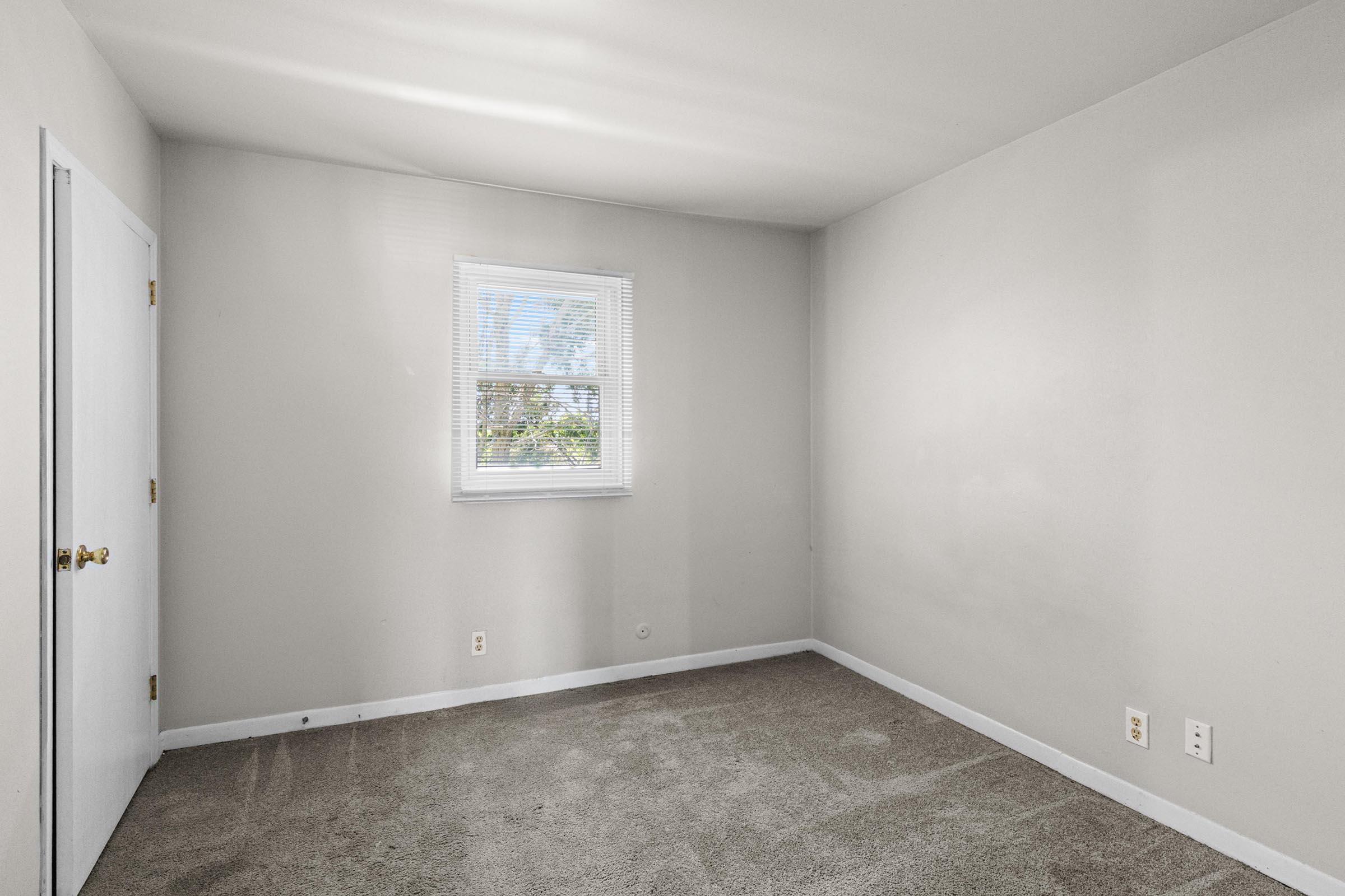 Empty room with light gray walls and a window allowing natural light. The floor is covered in carpet, and there is a closed door on the left side. The room appears simple and unadorned, creating a blank canvas for potential decoration or use.