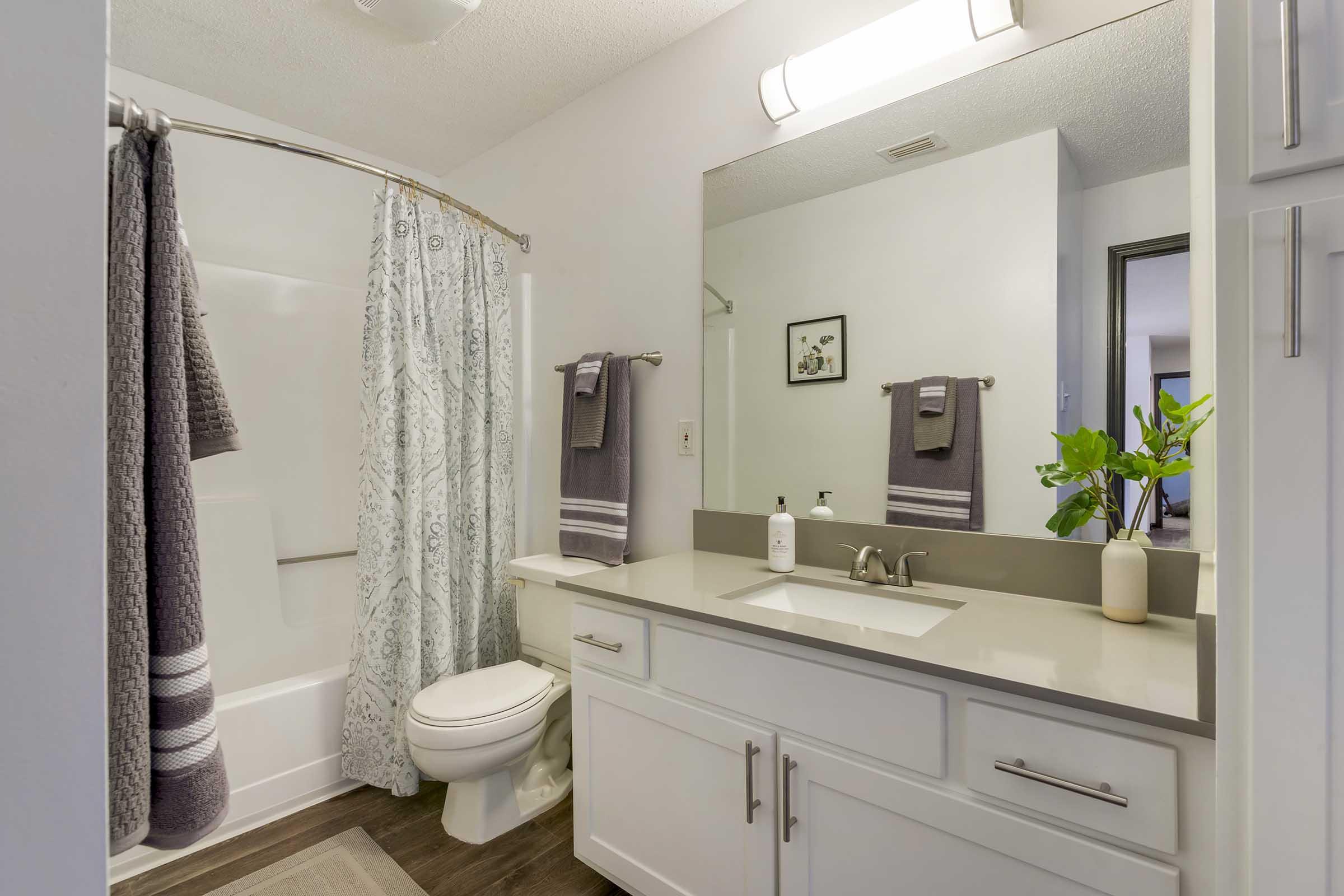 Modern bathroom featuring a bathtub with a shower curtain, a white toilet, and a double sink vanity with a gray countertop. Decorative towels are neatly hung, and a small plant adds a touch of greenery. The room is well-lit with overhead lighting and has a minimalistic design.