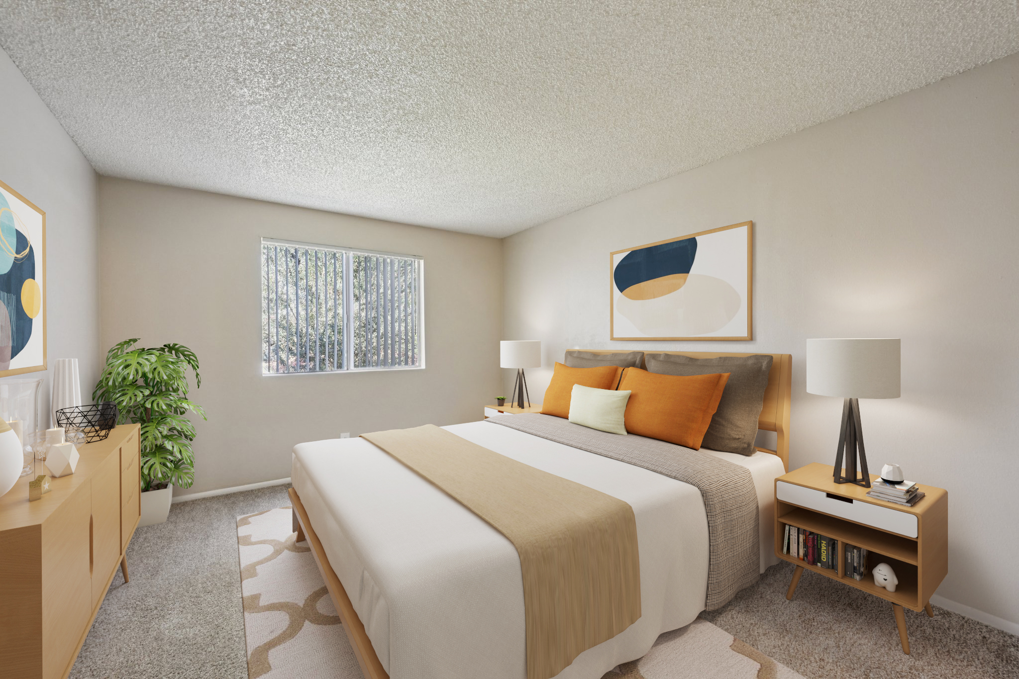 A modern bedroom featuring a large bed with orange and neutral bedding, flanked by wooden nightstands with lamps. A cozy rug covers the floor, and a potted plant adds greenery. A window provides natural light, and abstract wall art decorates the walls. The overall tone is warm and inviting.