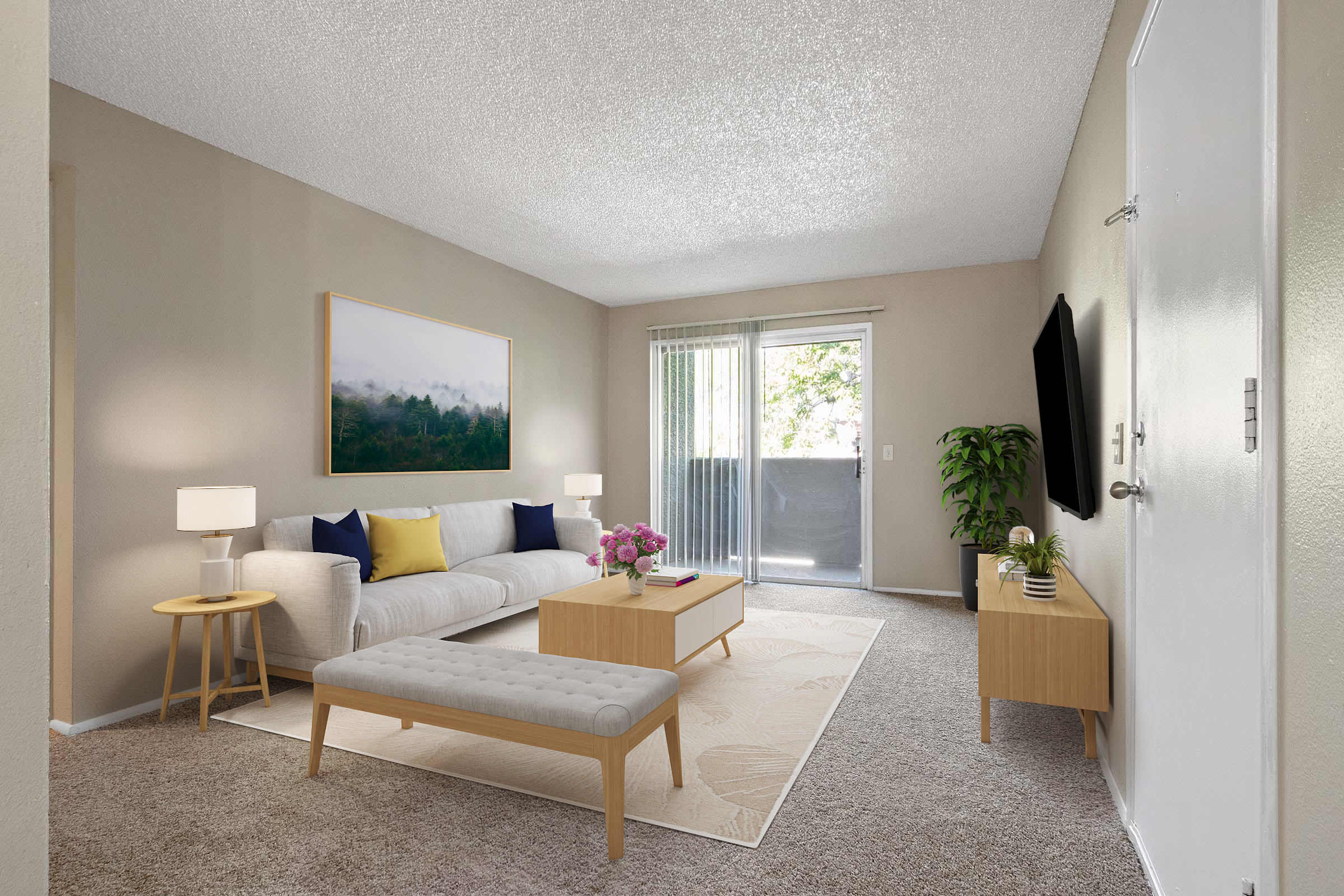 A modern living room featuring a light-colored sofa with decorative pillows, a wooden coffee table, and a bench. There’s a large framed landscape painting on the wall, two table lamps, and a potted plant near a sliding glass door. Soft lighting enhances the cozy atmosphere, complemented by a neutral color palette.