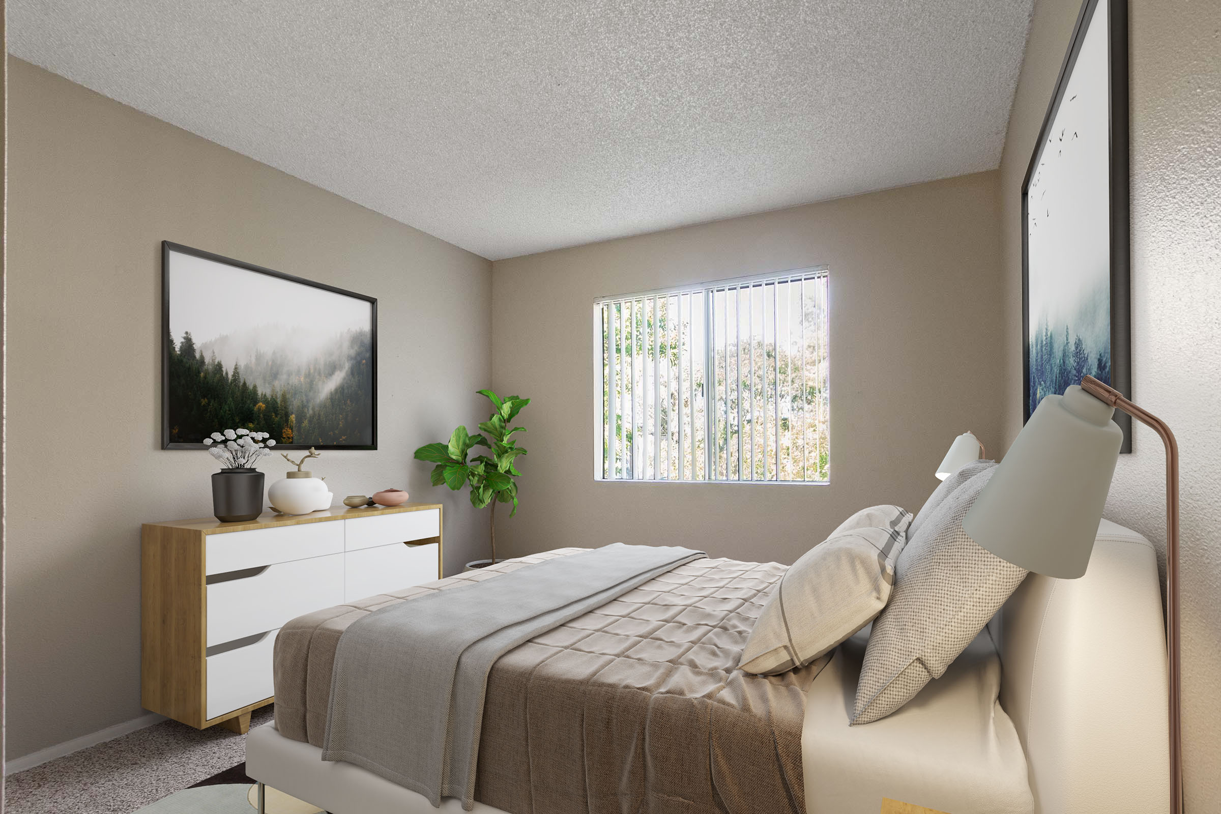 Cozy bedroom featuring a bed with light-colored bedding, a white nightstand, and a wooden dresser. A large picture frame hangs on the wall, depicting a misty forest landscape. A window allows natural light to enter, and a green plant adds a touch of nature, enhancing the tranquil atmosphere.