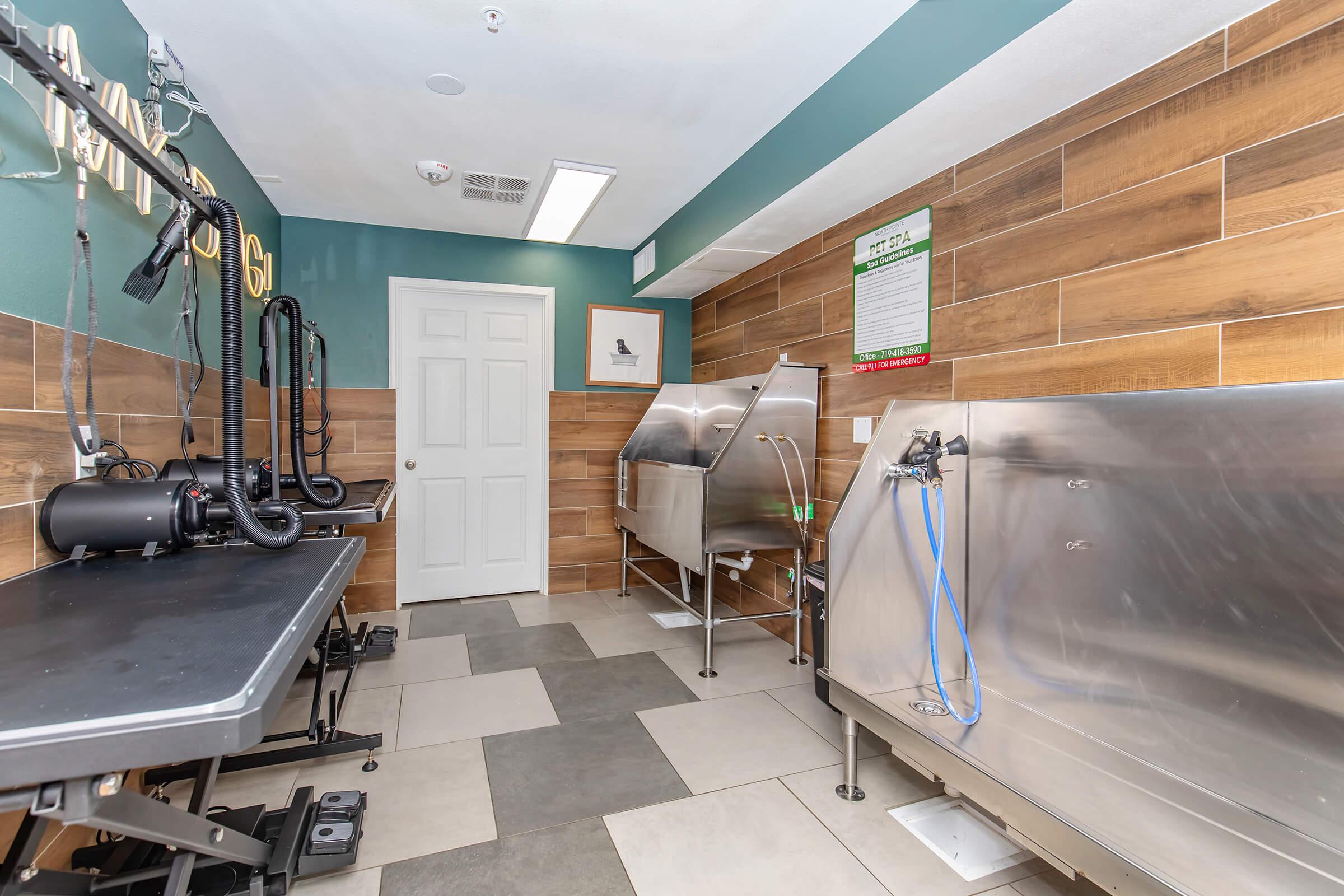 A clean and modern pet bathing facility featuring stainless steel wash stations, grooming tables, and a door leading to another area. The walls are a mix of teal and wood paneling, with ample lighting and a cleanliness poster on display. The space is designed for pet care and grooming.