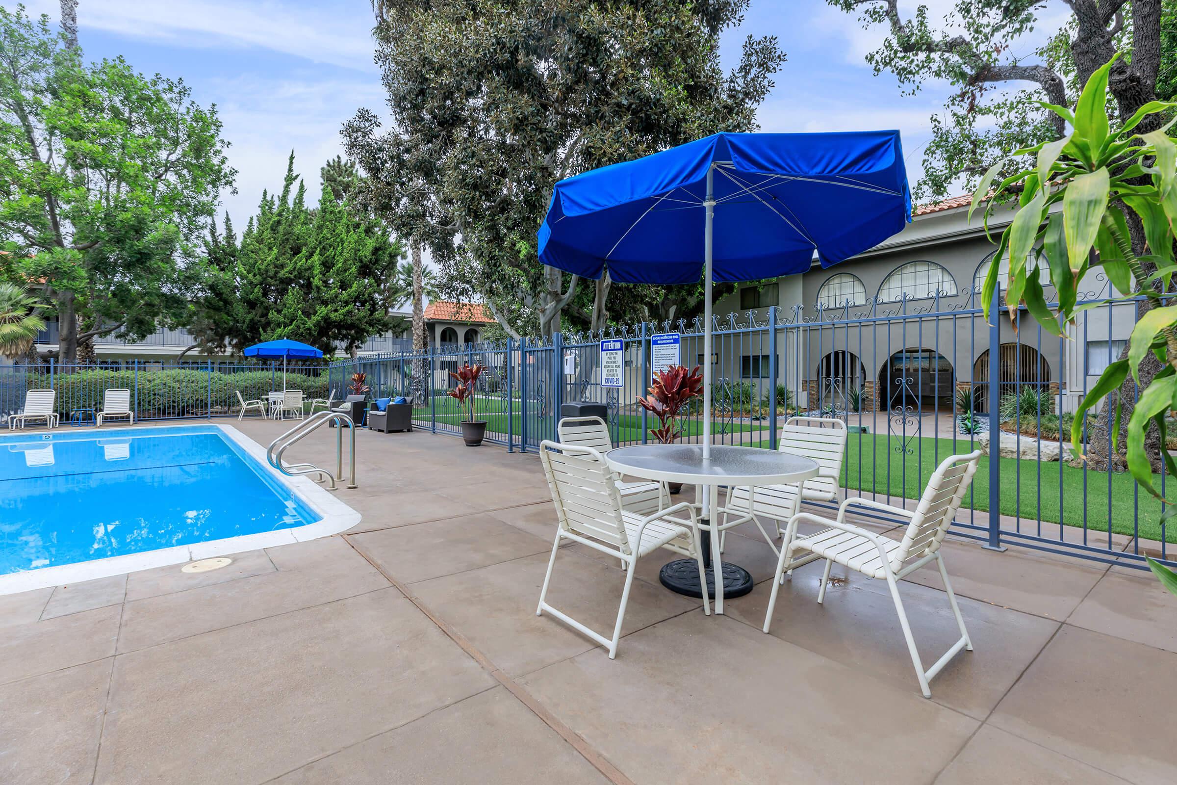 Tables and chairs with blue umbrellas