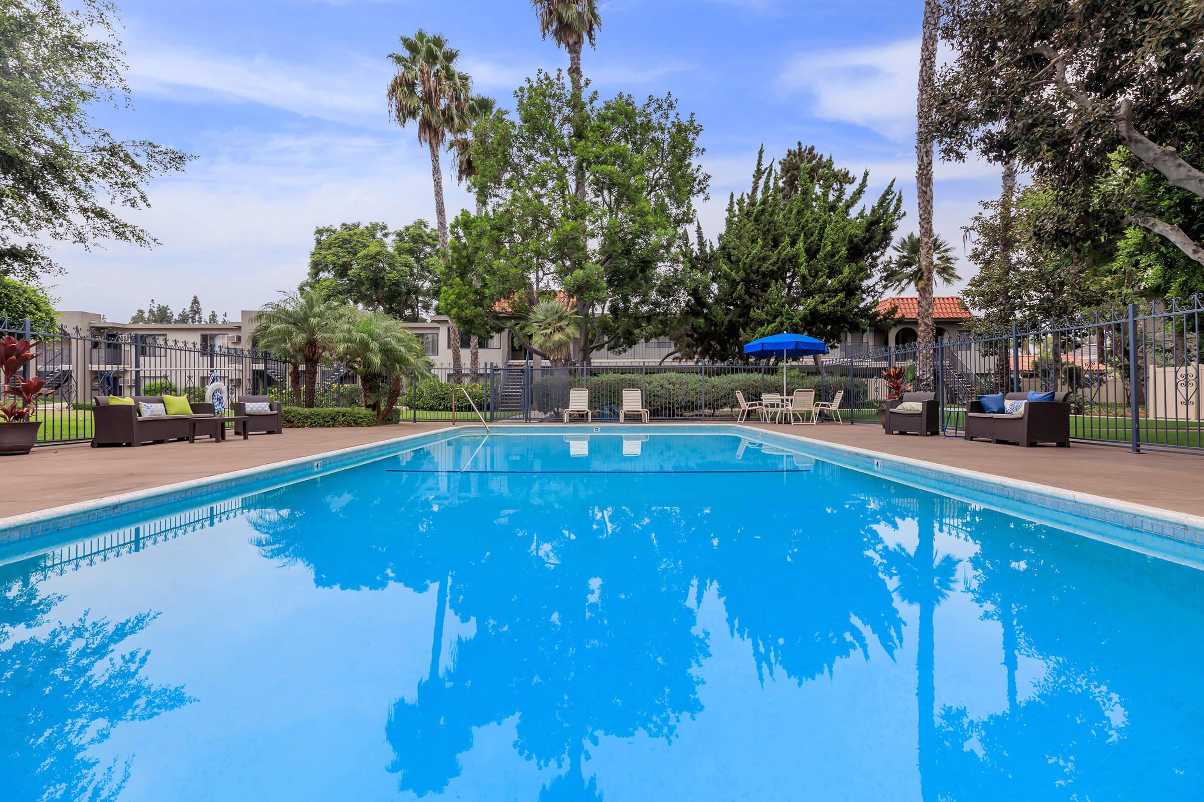 The community pool with green trees