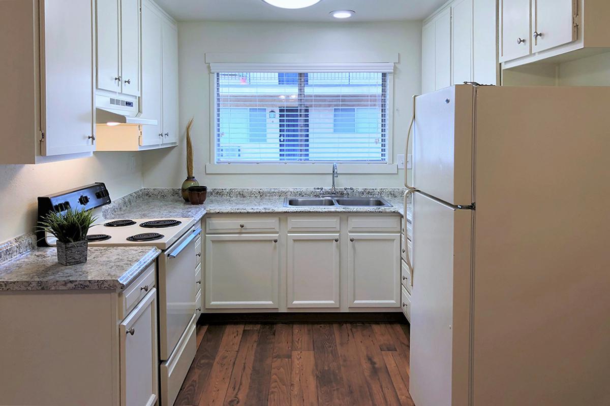 a kitchen with a stove and a refrigerator