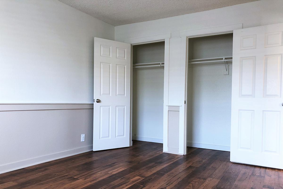 a kitchen with a white door