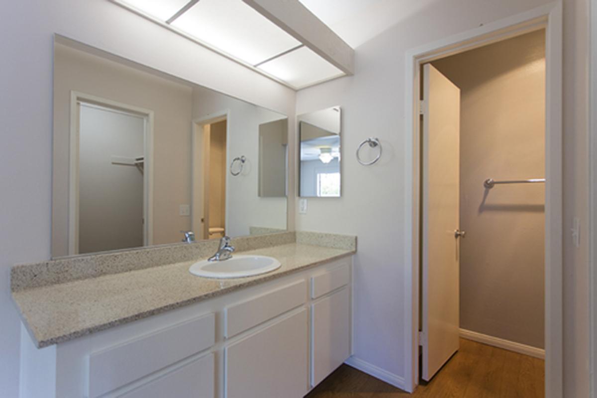 a double sink and large mirror