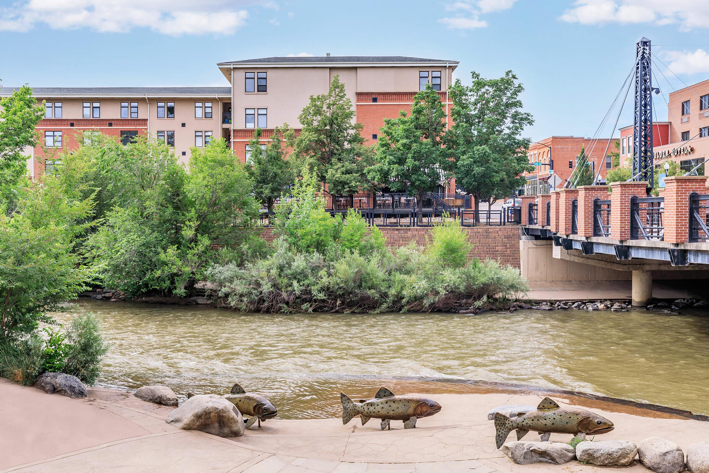 A serene riverside scene featuring sculptures of fish along the water's edge, with lush greenery and trees in the background. In the distance, buildings and a bridge can be seen, creating a blend of nature and urban elements under a clear blue sky.