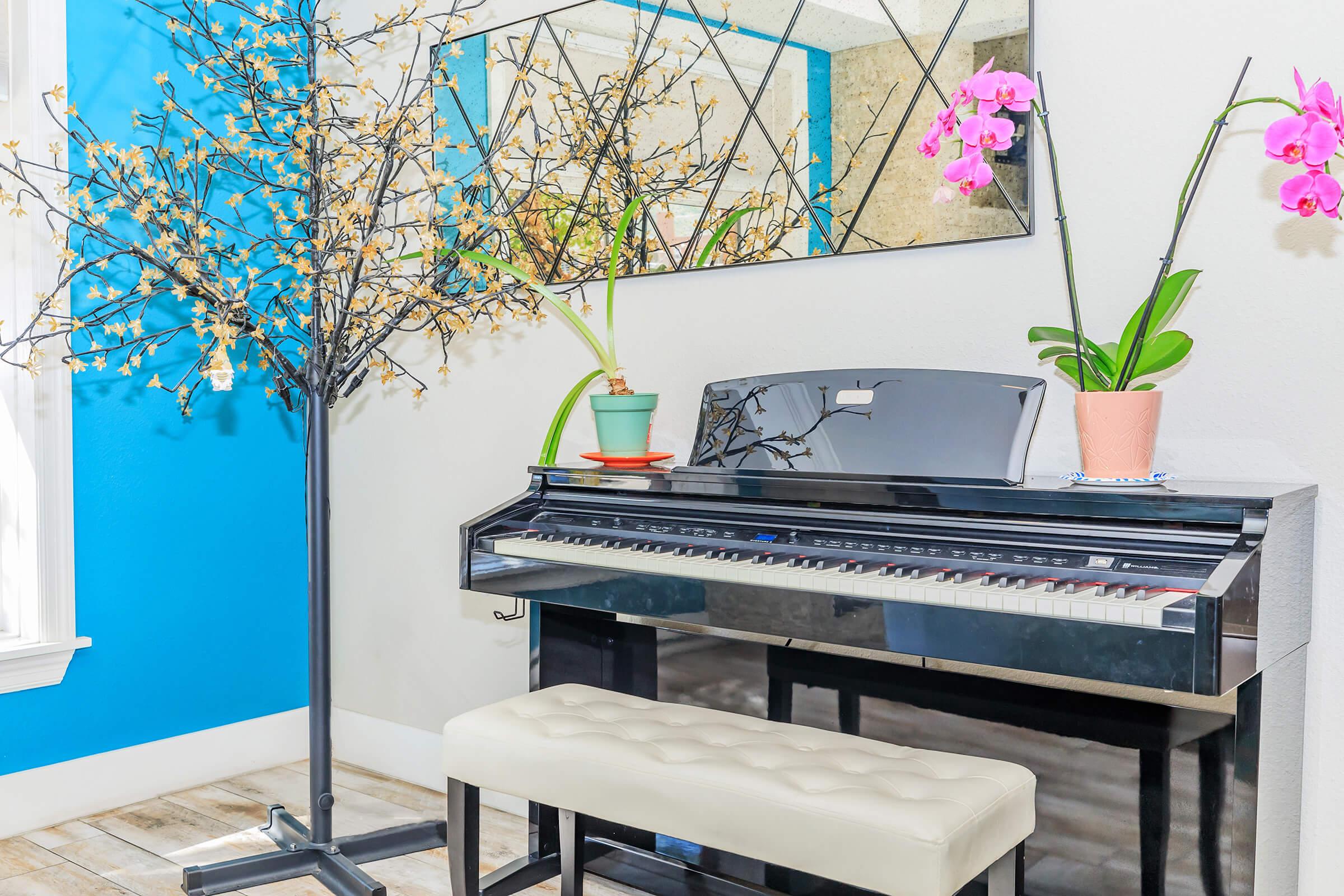 A sleek black piano with a white bench sits in a bright room featuring a blue accent wall. To one side, a decorative tree with yellow blossoms adds a touch of nature, while two potted orchids in contrasting colors enhance the decor. A large mirror reflects the scene, creating an inviting atmosphere.