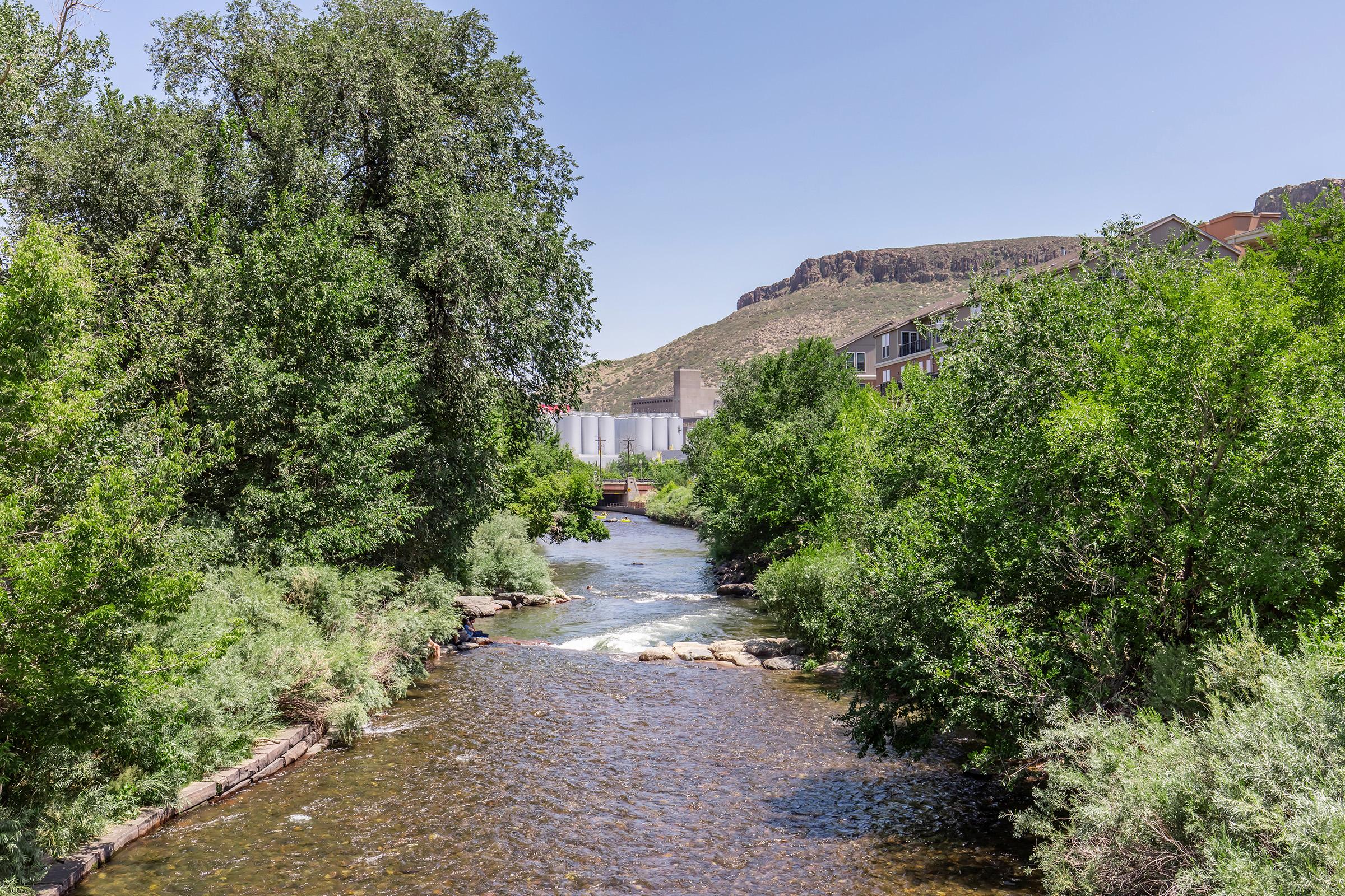 A serene river flows through a lush green landscape, surrounded by trees. In the background, a rocky hillside is visible against a clear blue sky. A few buildings can be seen nestled among the trees, creating a blend of natural and urban scenery. The scene evokes a peaceful outdoor setting.
