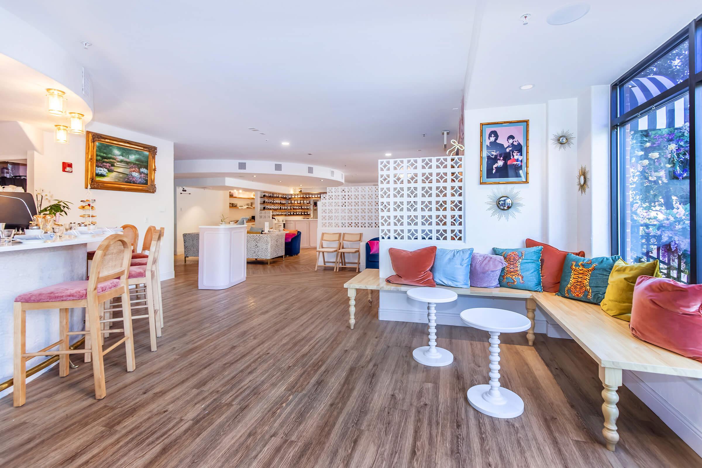 a living room with a wooden table