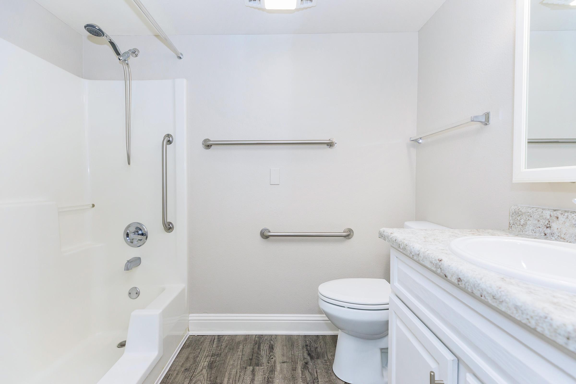 Bright, modern bathroom featuring a white tub with a shower, grab bars on the wall for safety, a toilet, and a vanity with a sink. The walls are painted light gray, and the flooring is a dark wood look, creating a clean and contemporary atmosphere. A small window or light fixture adds brightness.