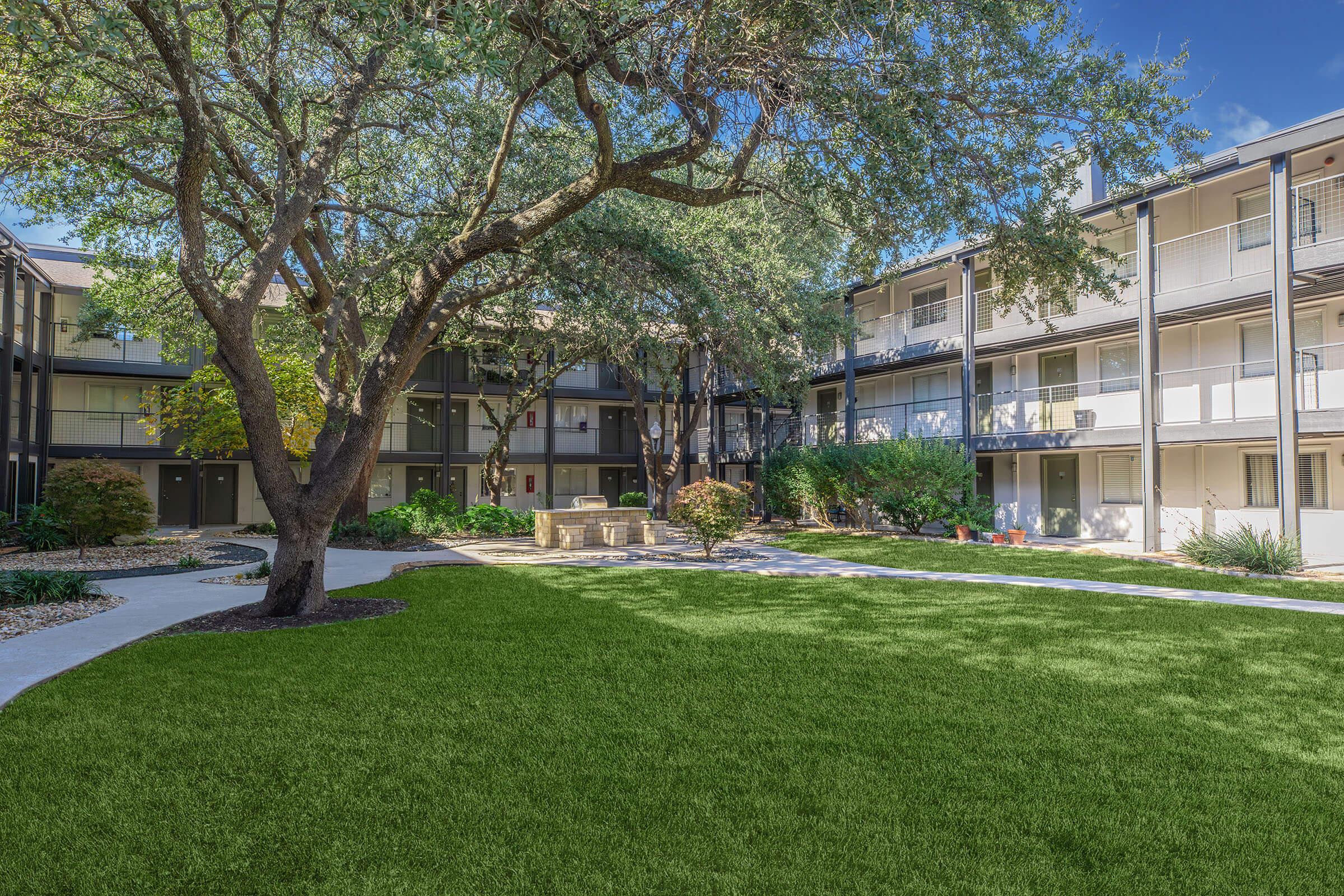 Lush green lawn surrounded by modern apartment buildings with balconies. A large tree provides shade in the courtyard, which features landscaped gardens. The sky is clear blue, enhancing the inviting atmosphere of the outdoor space.