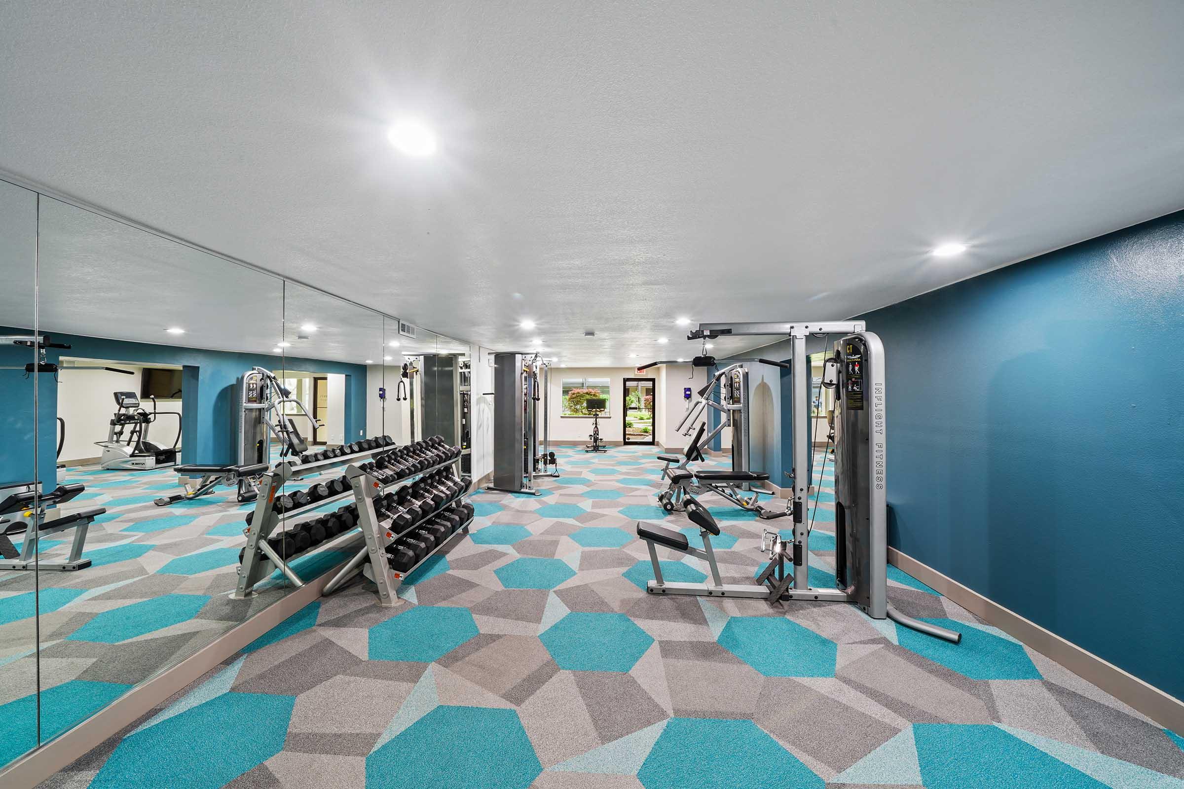 A modern gym interior showcasing a spacious workout area with a mirrored wall, weightlifting equipment, and a variety of dumbbells on a rack. The floor features a geometric patterned carpet in shades of blue and gray, creating a vibrant and inviting atmosphere for fitness activities.