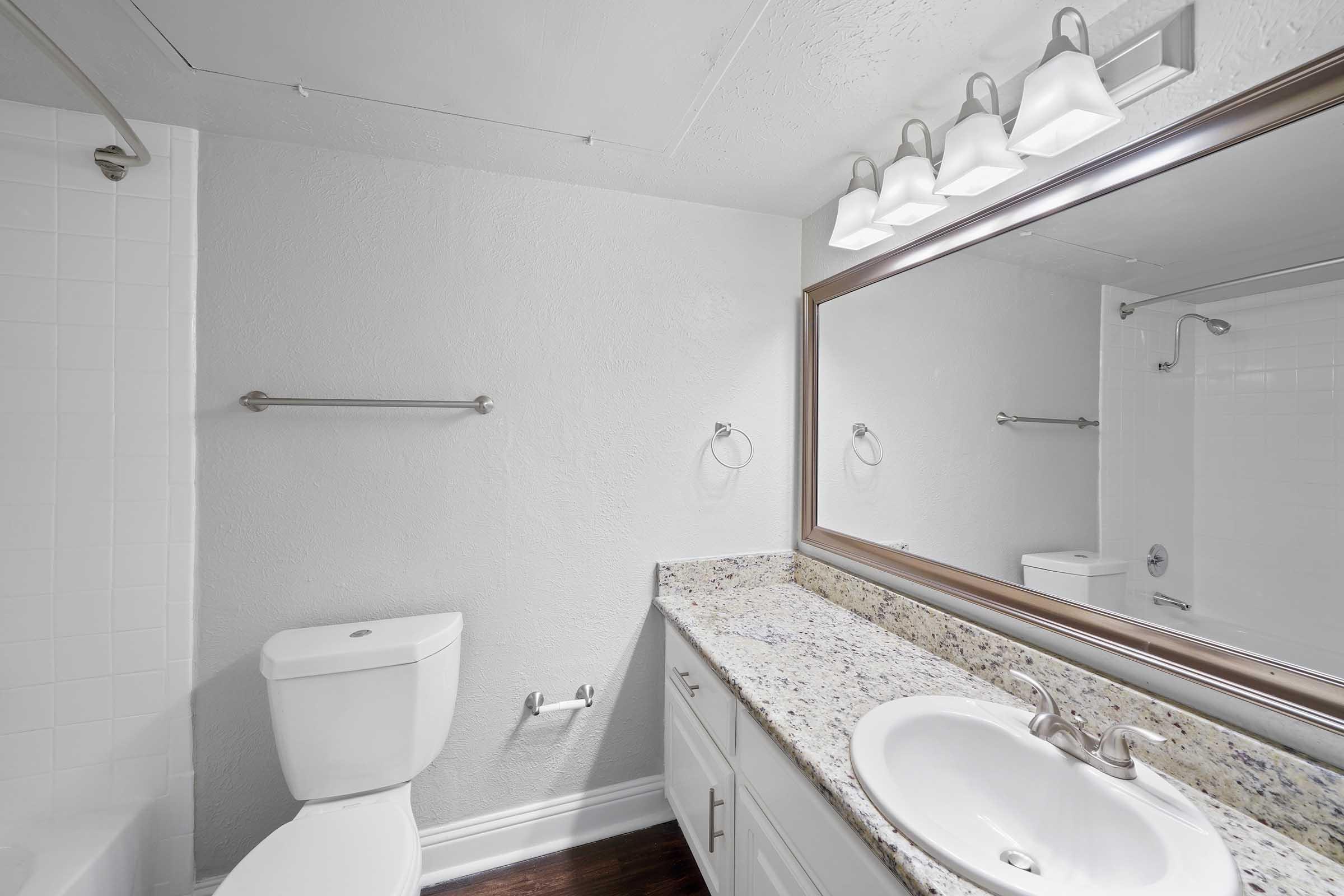 Modern bathroom featuring a white toilet, a granite countertop with an undermount sink, and a large mirror above. The walls are painted in a light color, and there are several light fixtures above the mirror. A small shower area is visible in the corner, along with towel rails.