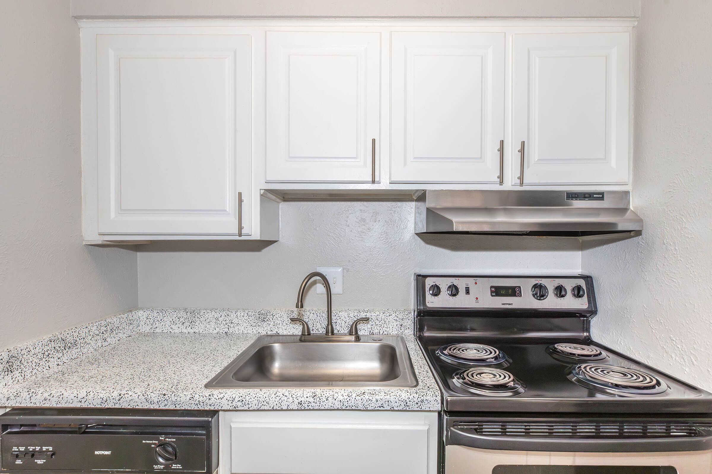 A modern kitchen featuring white cabinets, a stainless steel sink, and an electric stove with four burners. The countertop is speckled granite, and there is a range hood above the stove. The walls are painted in a light color, creating a clean and bright atmosphere.