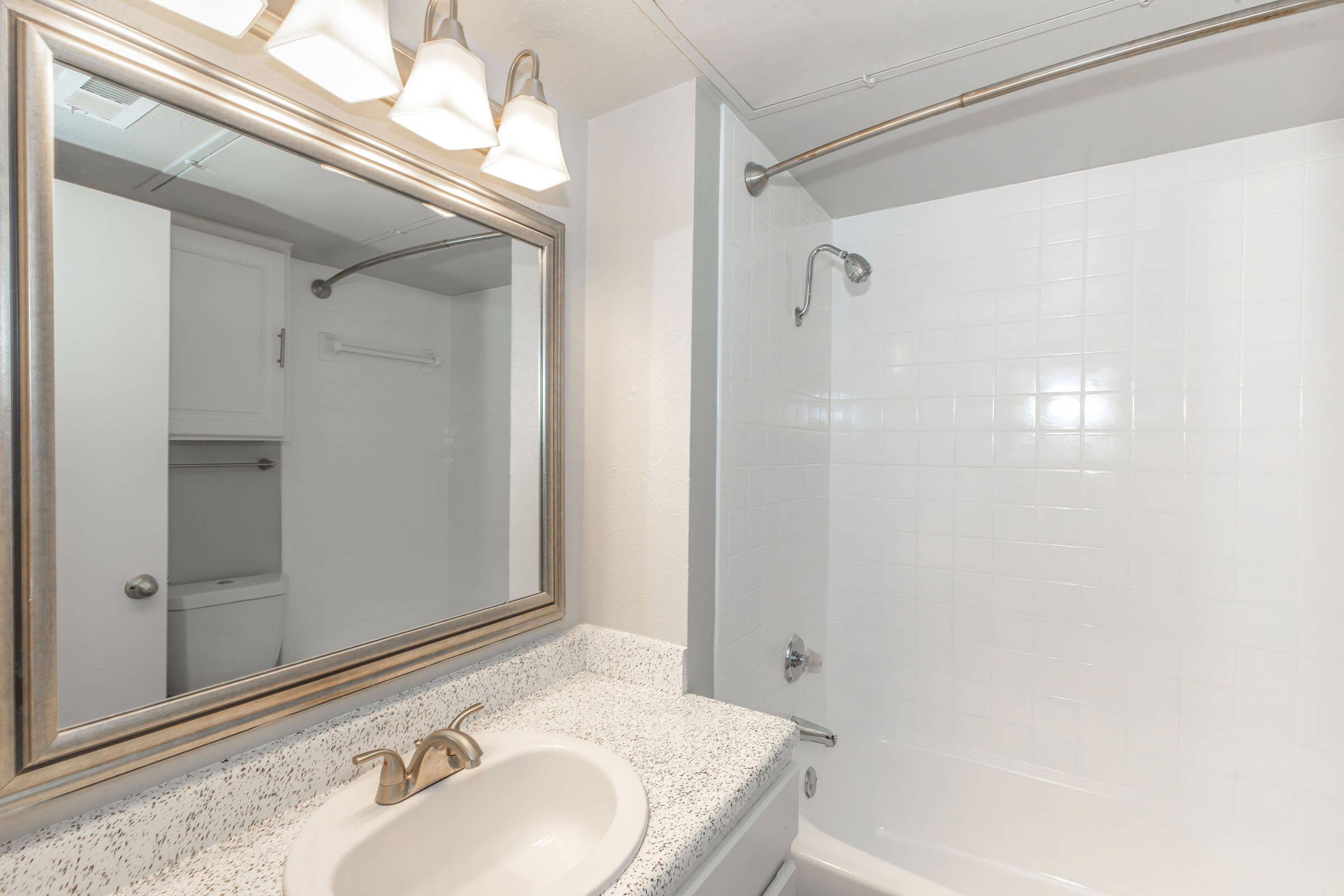Brightly lit bathroom featuring a large mirror above a granite countertop sink. The shower area is enclosed with white tiles, and there’s a showerhead installed. A white bathtub is positioned against the wall. Shelving is visible in a cabinet next to the shower area. Overall, the space appears clean and modern.