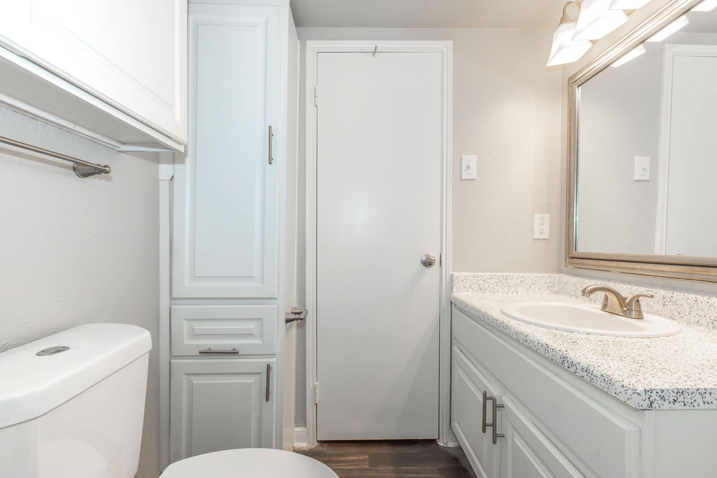 A clean and modern bathroom featuring a white toilet, a seamless countertop with an under-mount sink, a large mirror above the sink, and a cabinet with a door. The walls are painted in a light tone, and there is a simple, elegant light fixture above the mirror.